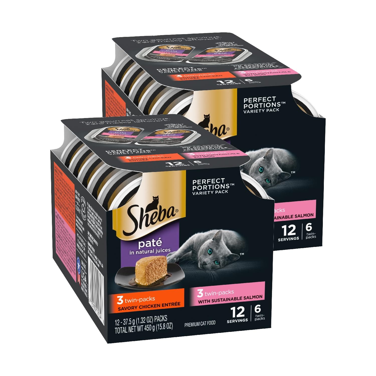 SHEBA Perfect Portions Paté Wet Cat Food Trays (12 Count, 24 Servings), Chicken and Salmon Entrée, Easy Peel Twin-Pack Trays, (Pack of 2) | Grain-free, Chicken & Sustainable Salmon, no fillers, no artificial flavors, made in USA, real meat, twin-pack trays