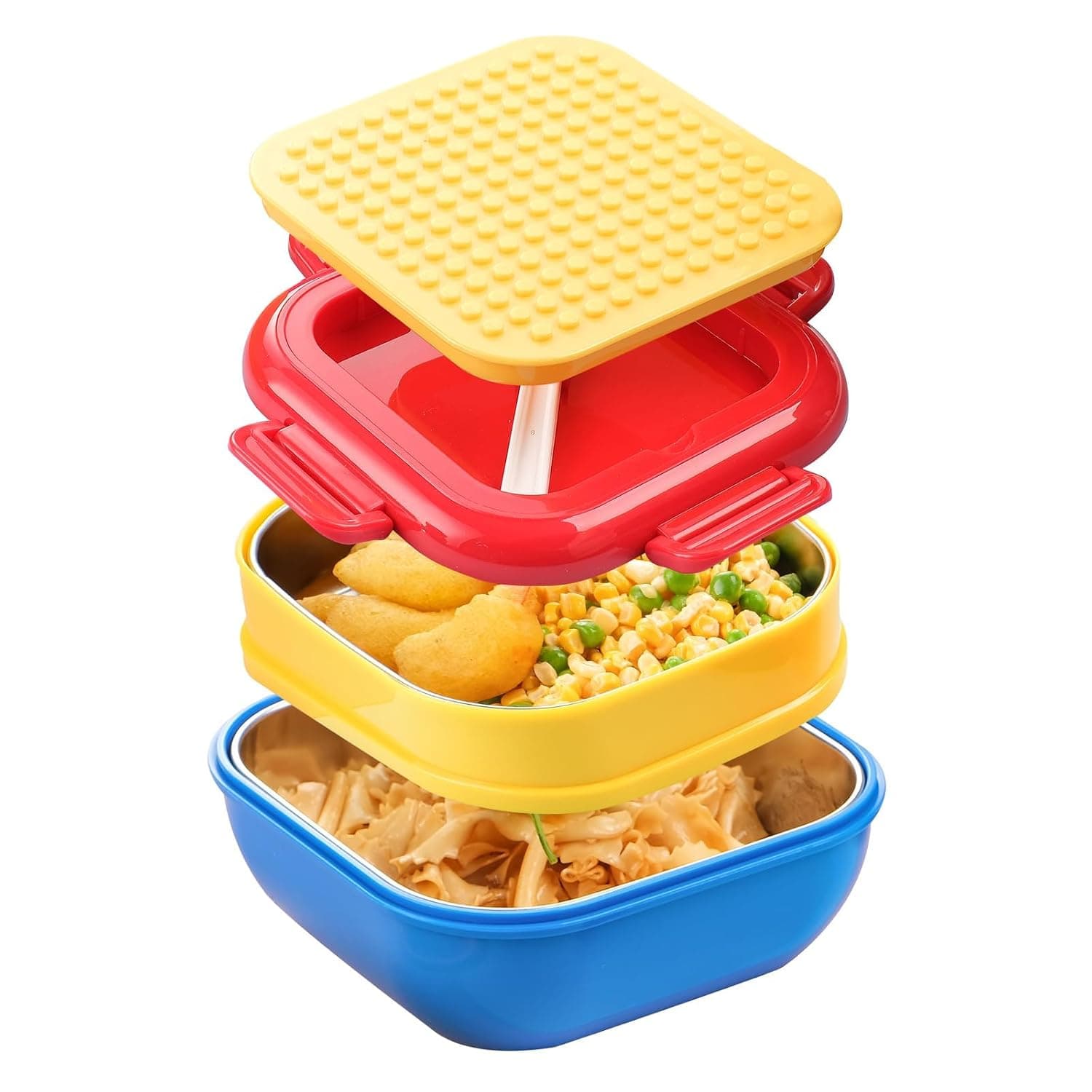 Kids Lunch Box, Stainless Steel 19.5oz Double Layer Bento Container, Microwave Safe, Leak-Proof, Stackable DIY Lunch Box for School, Travel, Picnic, and Home, Durable and Easy to Clean