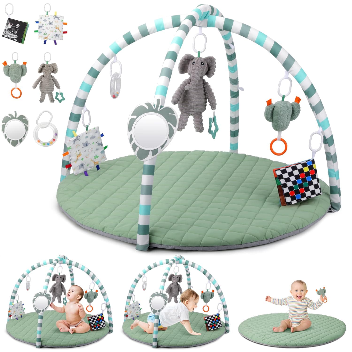 Baby Play Gym Mat,Tummy Time Mat with Detachable Toys for Stage-Based Sensory & Motor Skill Development (Green)