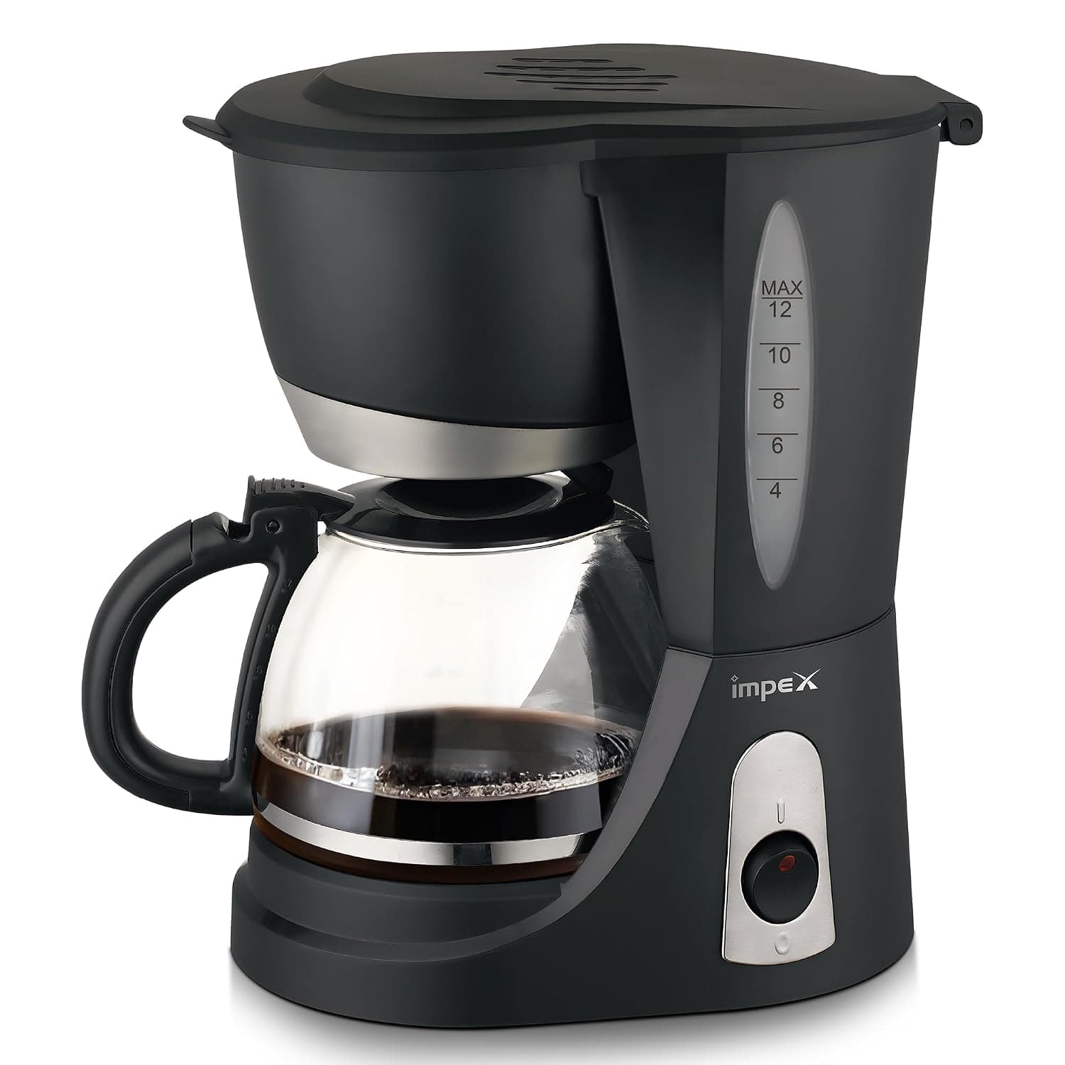 Impex Drip Coffee Maker 1.25L Coffee Machine With 12 Cup Glass Carafe, Removable Funnel And Filter, Keep-Warm And Anti Drip Function, Indicator Light,2 Years Warranty-CM1912