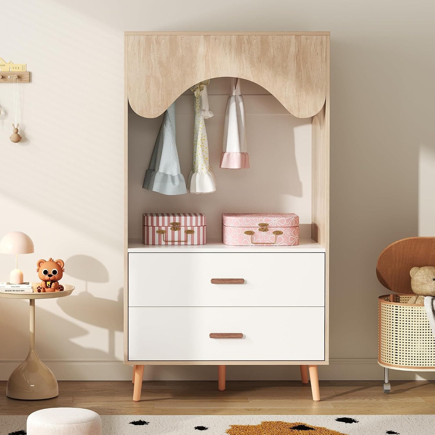 Kids' Wardrobe with Hanging Rod Open Design Wooden Drawer Handles Natural Wood Finish 80x46x141.5 cm Stylish Storage Solution for Children's Clothes and Toys