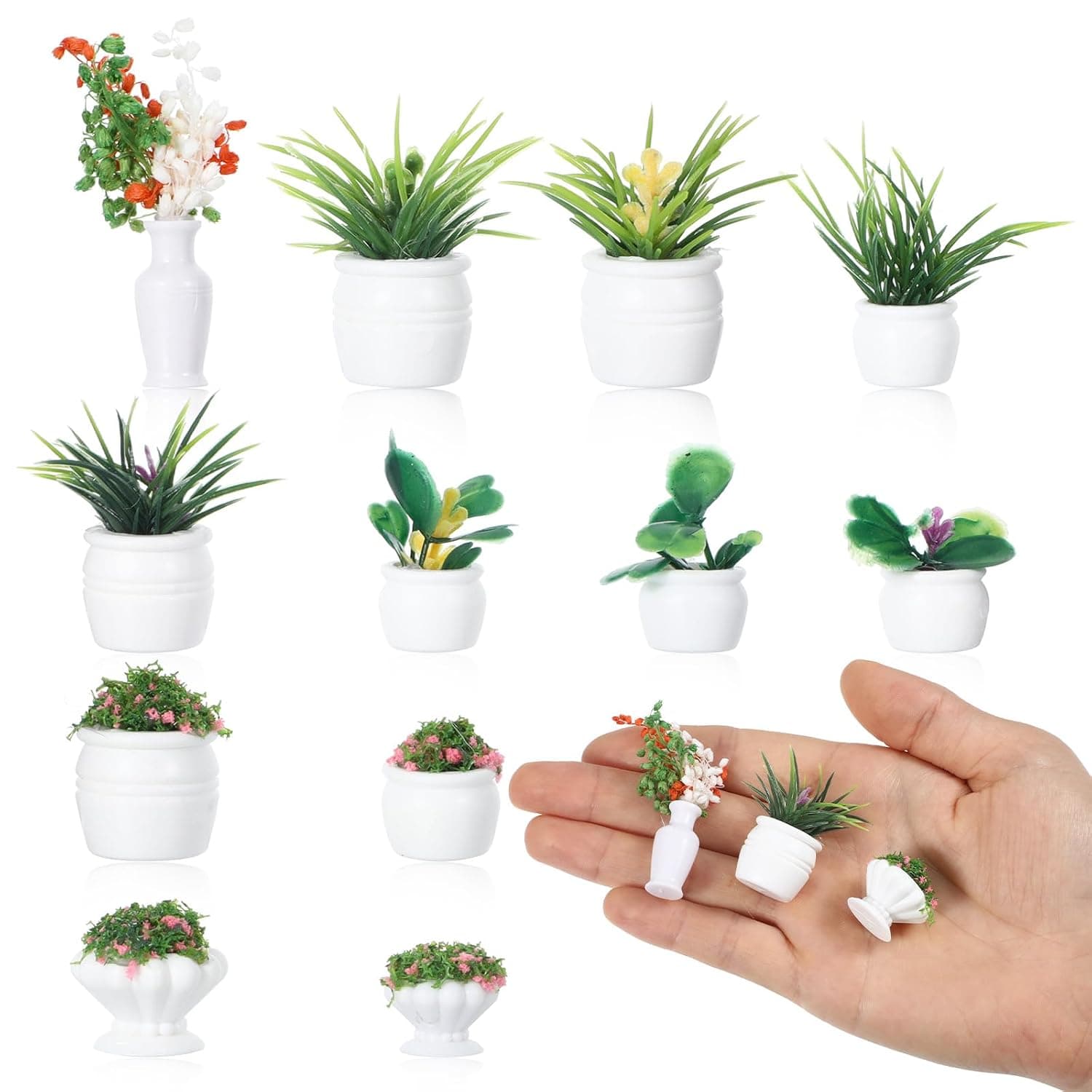12Pcs Miniature Dollhouse Plants Flowers, 12 Unique Mini Artificial Potted Flowers, Assorted Mini Plants, Tiny Greenery Ornament for Micro Landscape & Bonsai Ornament, Dollhouse Accessories
