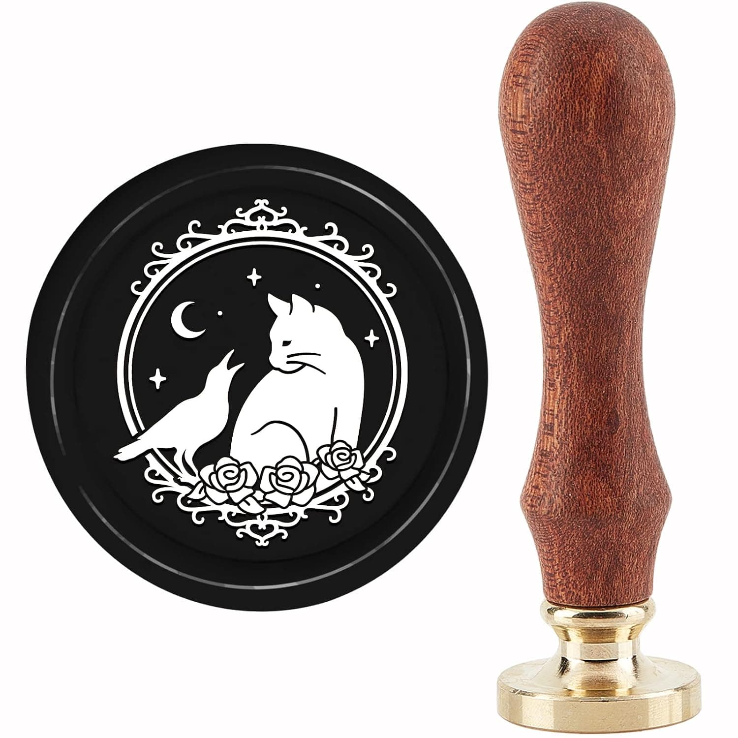 CRASPIRE Cat Wax Seal Stamp Crow Sealing Wax Stamps Roses 30mm Retro Vintage Removable Brass Stamp Head with Wood Handle for Wedding Invitations Envelopes Valentine's Day Gift Wrapping Picture Frame