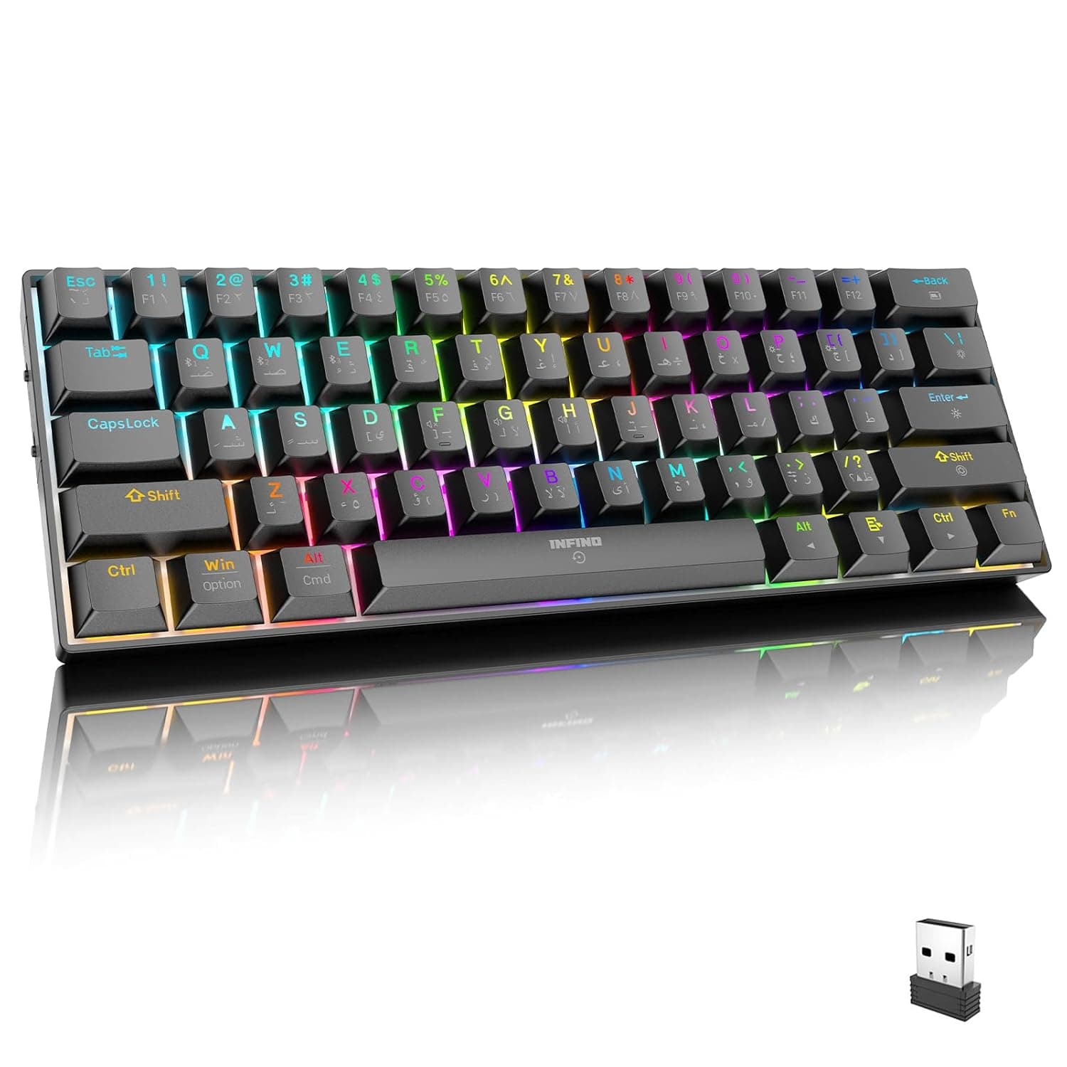 Wireless Bluetooth Tri-Mode 2.4G Bluetooth USB-C Mechanical Keyboard 61Key RGB Backlit Brown Switch Gaming Keyboard Multi-Platform Win Mac Linux Tablet Arabic English Layout Rechargeable