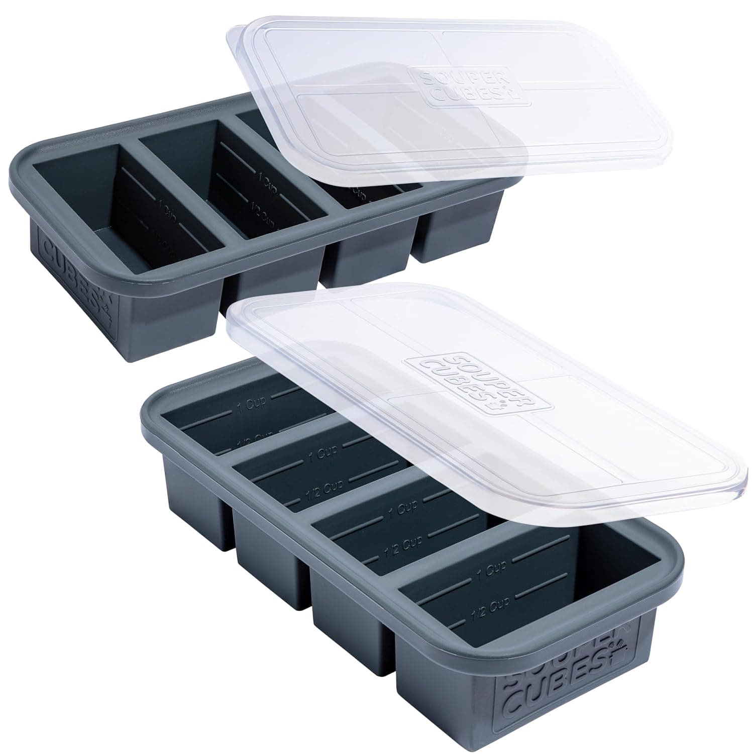 Souper Cubes 1 Cup Silicone Soup Freezer Molds with Lids, Charcoal, 2-Pack | 100% Platinum-Cured Silicone Freezer Cubes, Oven and Microwave Safe, Perfect for Freezing Soup, Protein, Grains and More