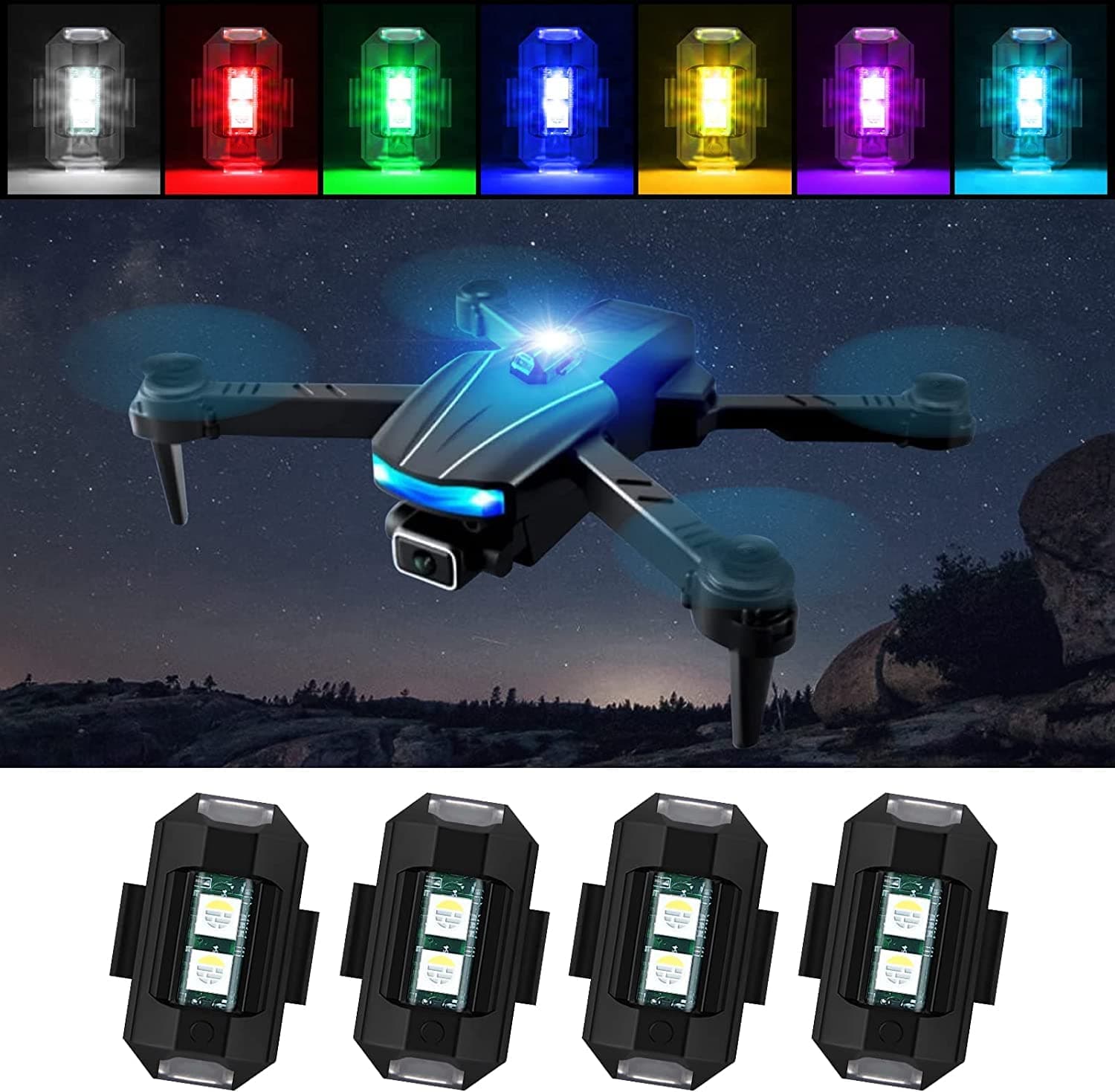 4 pcs LED Strobe Lights, Drone Storbe RGB LED Lights, Vehicle Anti-Collision Strobe Light, Bike Motocycle Tail Lights for Cars, Bike, Drone, USB Recharge, 7 Colors