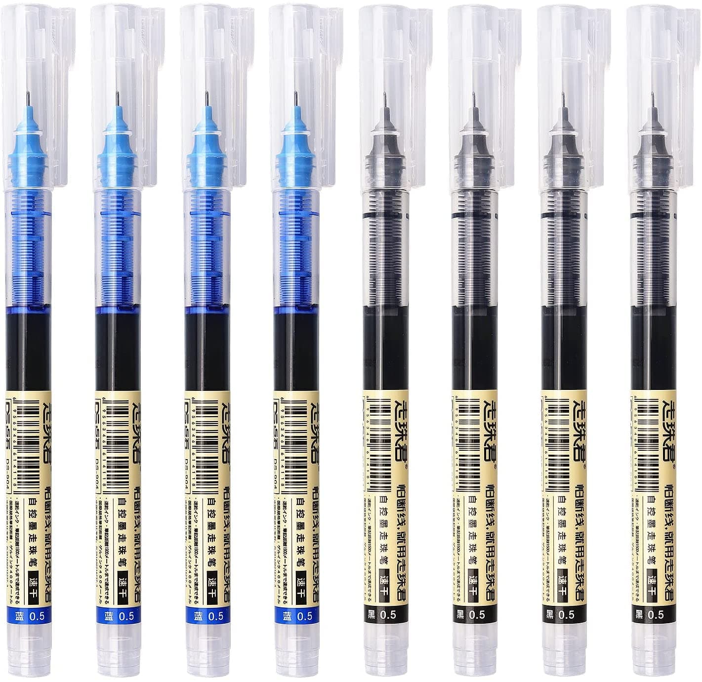 Rolling Ball Pens, 8 Pieces Gel Pen 0.5 mm Full Needle Tube Straight Liquid Quick Dry Ballpoint Pen Student Hand Account Color Pen for School Students, Teachers and Staff (Black+Blue)