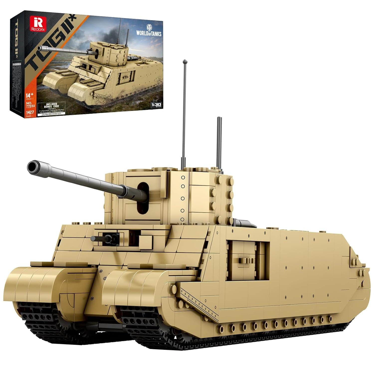 Reobrix TOG2 Tank Construction Kit 77032, WW2 Military British Tank Construction Kit for Military Fans, Licensed World of Tanks Products, Collector's Gift for Adults and Teenagers (1427 Pieces)