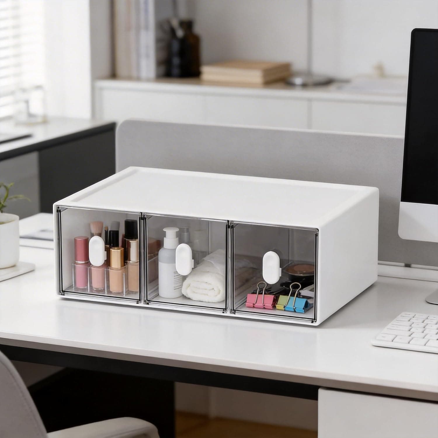 Desk Storage Organizer, Stackable 1 Tier Desktop 3 Drawer, White Clear Storage Box Caddy for Stationery, Makeup, Jewelry, Office and Craft Supplies