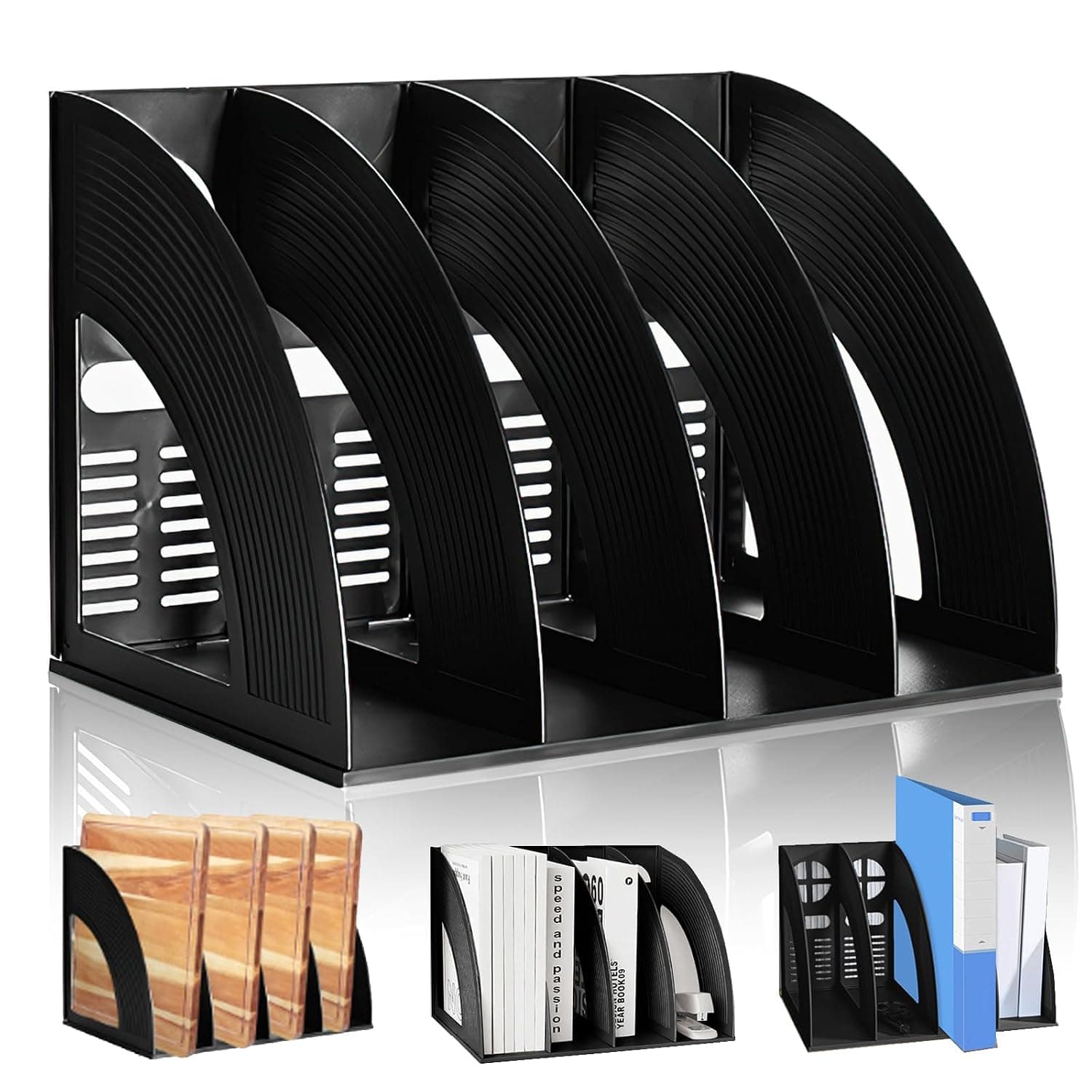 ALMEKAQUZ File Organiser, A5 File Holder, Desk Organizer, Compartments Bookshelf Document Divider, Paper Box Bookends For Office Home Organization And Storage Racks(Black)