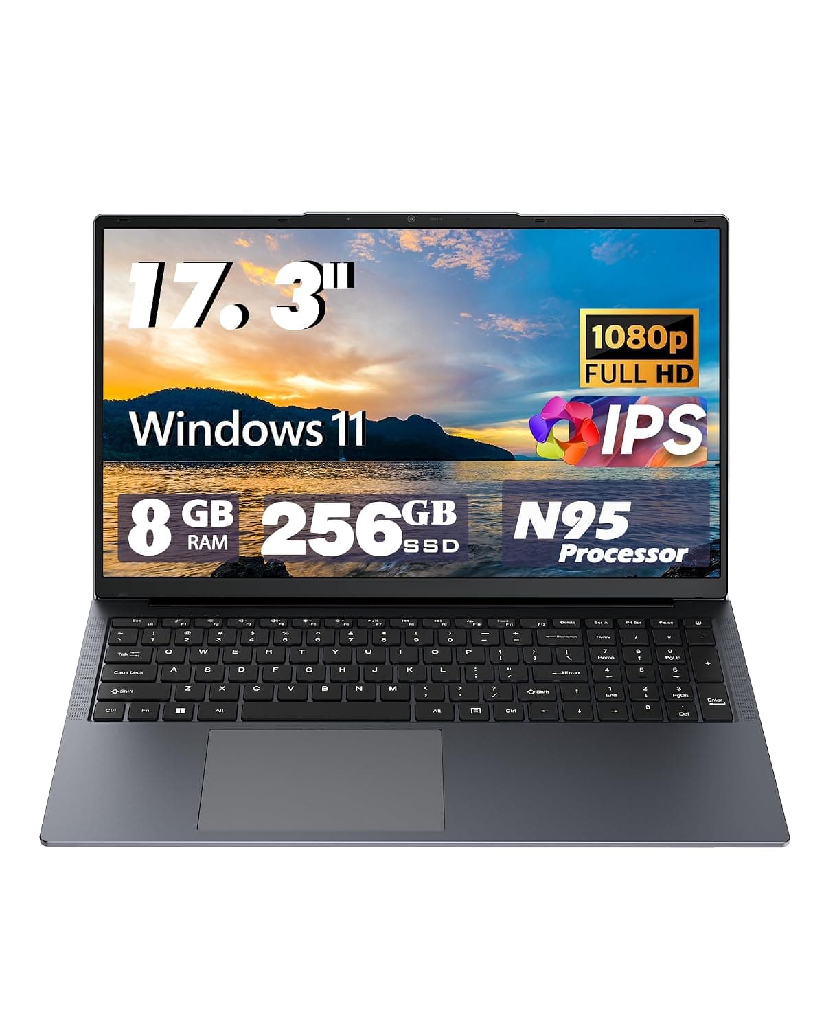 17 inch Laptop Computers,12th Generation Processor N95 4C 4T(Up to 3.4Ghz),8GB DDR4 RAM 256GB SSD,1920*1080,10000mAh Large battery,Type-C(Data), WiFi5,BT,RJ45,Dual Stereo Speakers, Backlit Keyboard