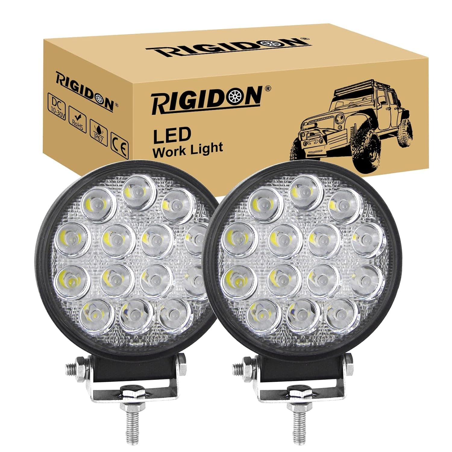 RIGIDON 2 Pcs Round Led Work Light, 4 inch 42W Flood Beam, 12V 24V Driving Lights Lamp for Car Off Road Boat Truck 4x4 SUV ATV Tractors Excavator, 6000K White, Fog Lamp