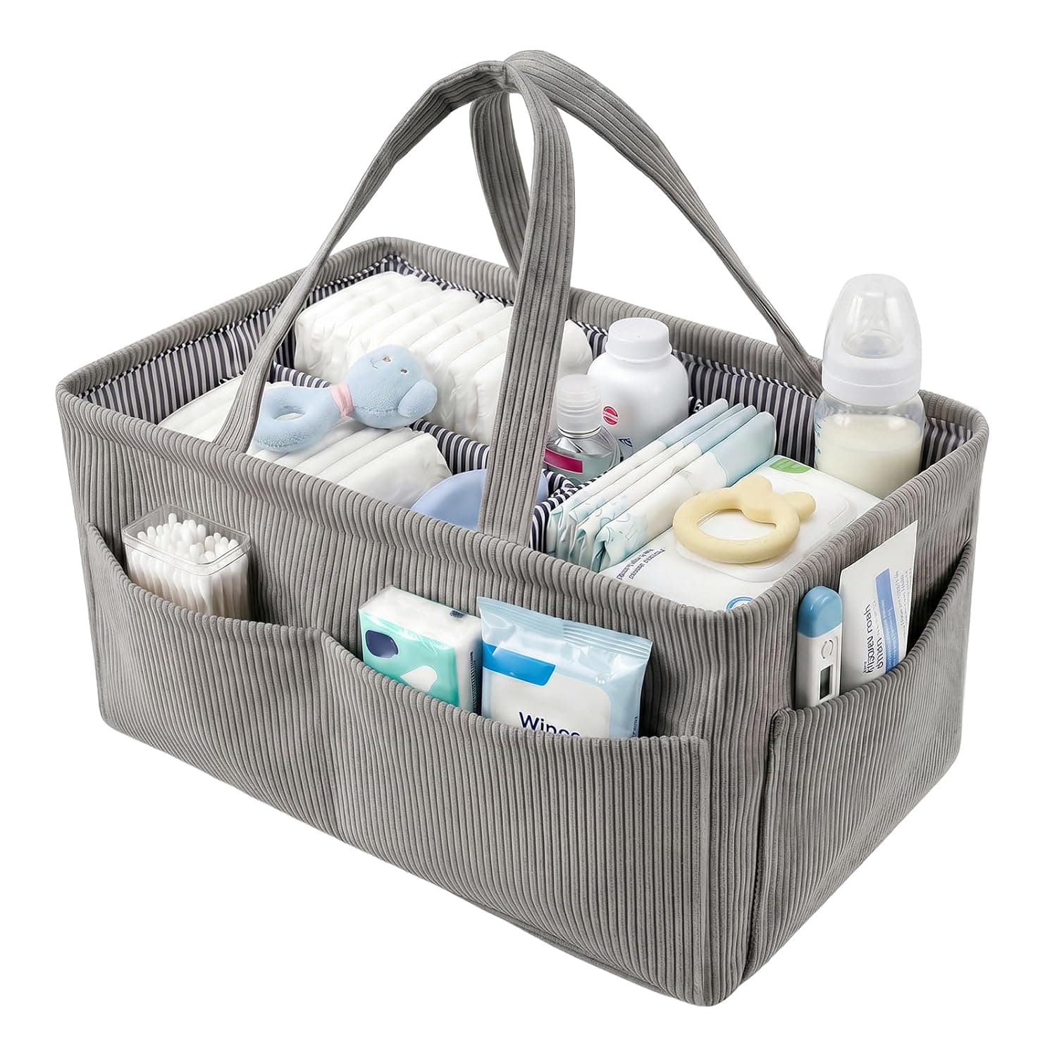 Baby Nappy Caddy Organiser Portable Nursery Storage Bin with Compartment and Handle Baby Diaper Caddy Organizer Newborn Nappy Wipe Basket Easy to Clean Newborn Essential Gifts for Boys Girls(Gray)