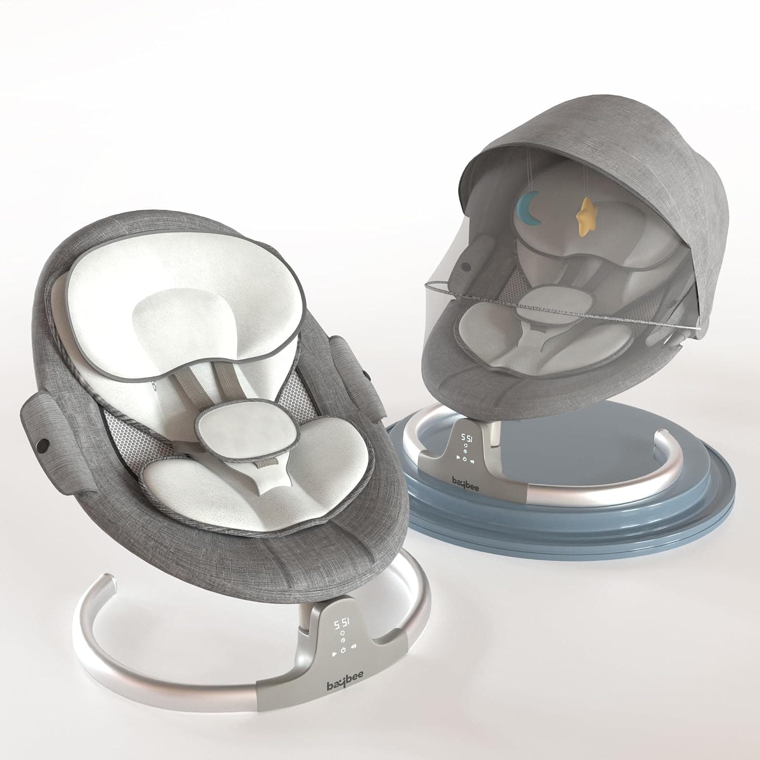 BAYBEE Lullabies Automatic Electric Swing Cradle for Baby with Adjustable Speed, Recline, Remote | Baby Rocker with Mosquito Net, Safety Belt, Music | Swing for Babies (Light Grey)