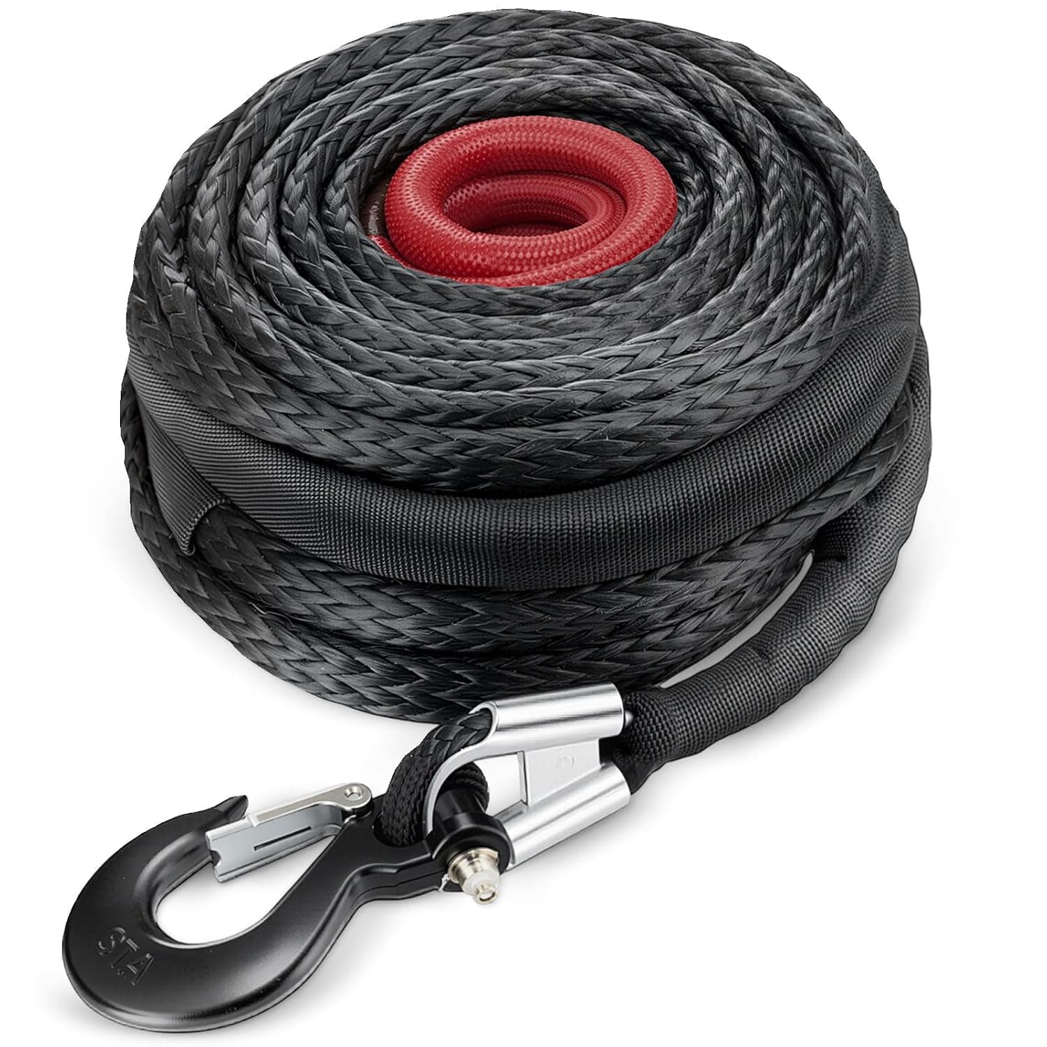 Marsui 1/2" x 100 ft Synthetic Winch Rope Cable Kit, 32000lbs, Black | Winch Line with Protective Sleeve, Forged Hook Replacement Safety Pull Strap for 4WD Vehicle Truck ATV UTV SUV