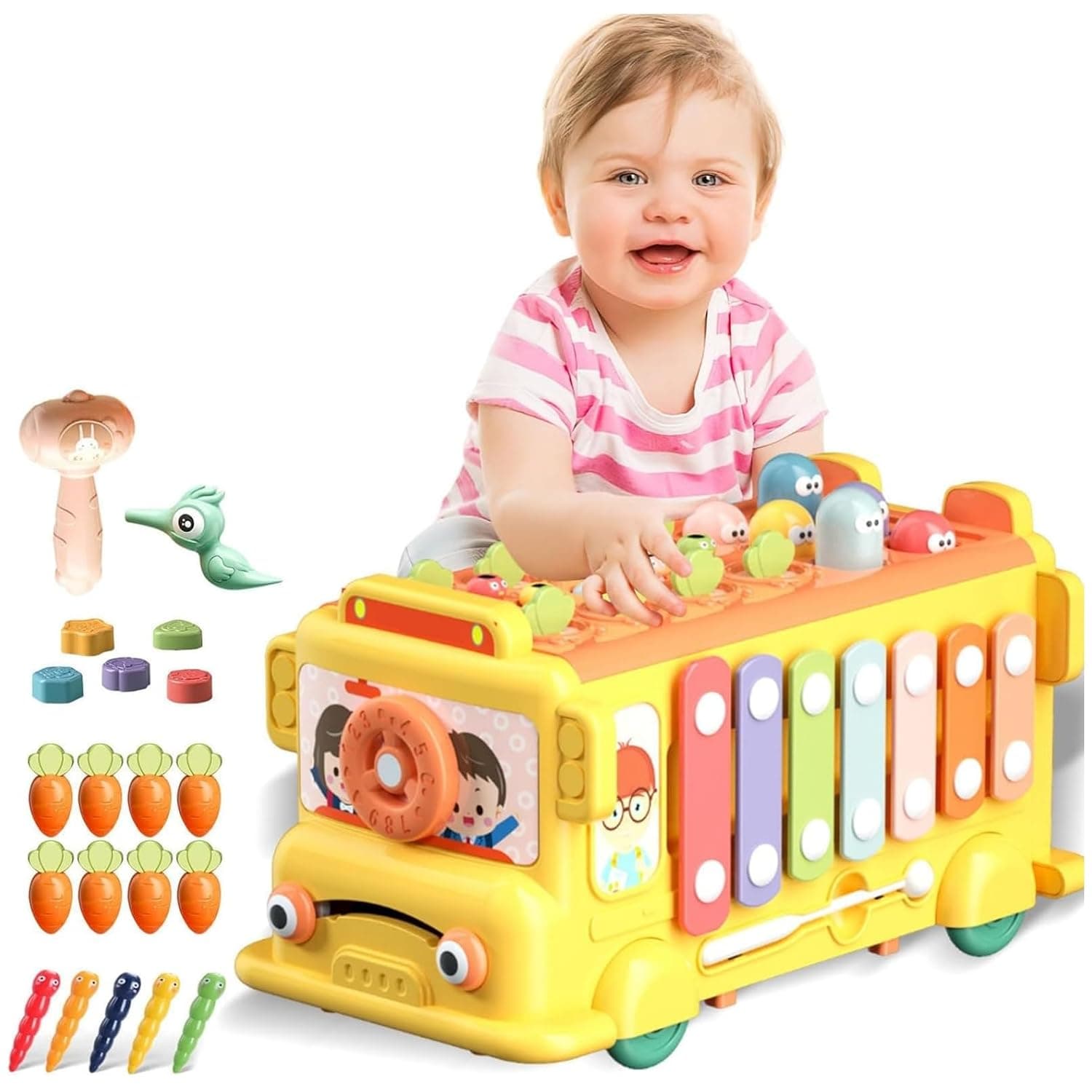 Andanna 12 in 1 Baby Montessori Toys for 36 Months, Hammering Pounding Toys wtih Music & Lights, Activity Cube Shape Sorting Toy with Piano Hand Drum (Yellow)