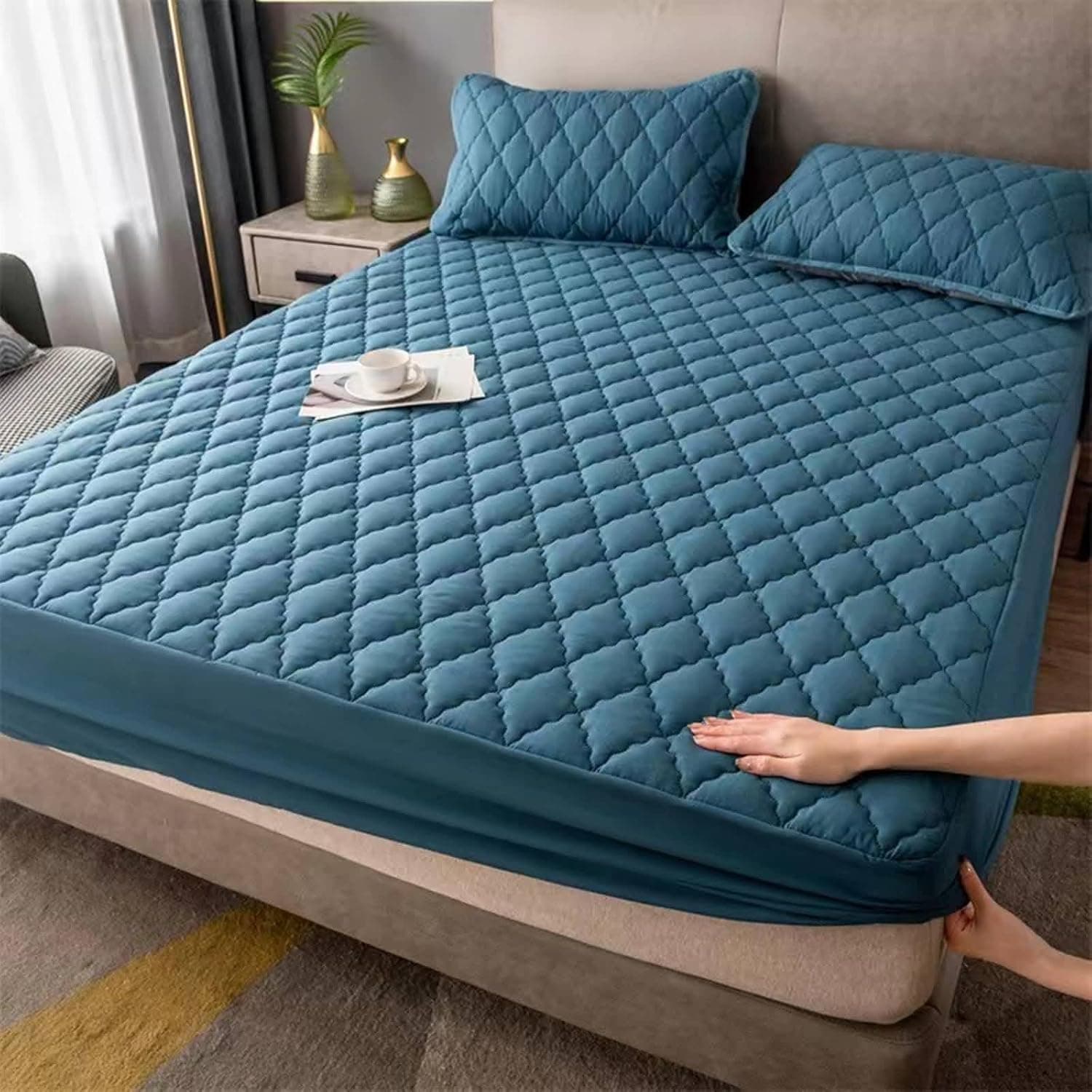 Peacock Blue Fitted Crib Sheet (180 x 220 cm) – Elastic Bed Cover with Diamond Pattern, Soft Bedding for Side Crib, Durable and Stylish Nursery Essential