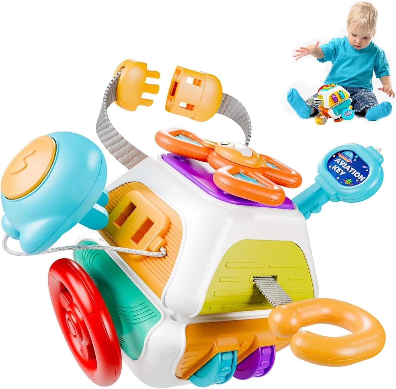 Soofam 10 in 1 Busy Cube Baby & Toddler Toys, Montessori Sensory Toys for Toddler 1-3, Infant Carseat Plane Travel Toy, Educational Learning Activities, Baby Birthday Gift 12 Months Boy Girl