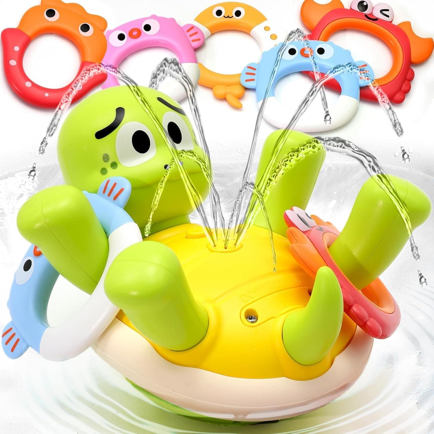 Soofam Baby Bath Toys, Turtles Bath Toy One-Touch Water Spray Button with 5 Rings,Rechargeable Bath Toys for Kids,Interactive Swimming Toys, Waterproof Water Toys for Babies