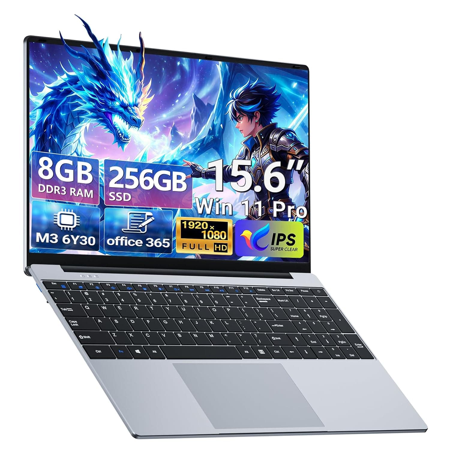 Laptop, 15.6 inch Laptop Computer, Lap top with 1080P FHD Display, Core M3 up to 2.2GHz, UHD Graphics, 8GB RAM 256GB SSD, 180° Open, Win 11 Pro/Office, Mini HDMI, Thin & Light Silver Notebook PC