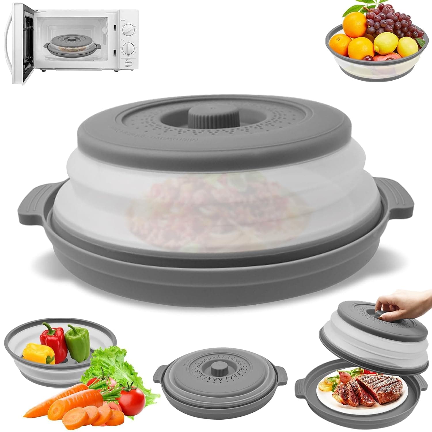 Foldable Microwave Cover 27 cm, Microwave Hood Strainer with Steam Holes, Translucent Microwave Cover without BPA, Microwave Cover Splash Guard, Filter Basket for Fruit and Vegetables (Grey)