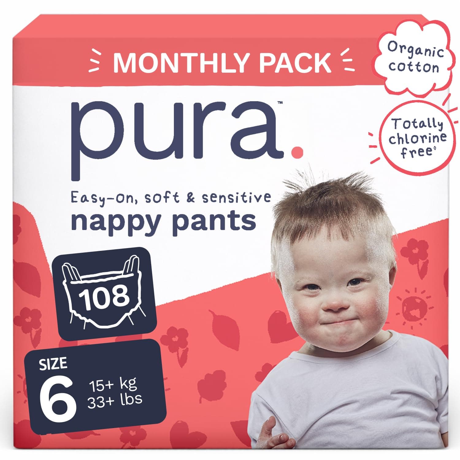 Pura Eco Nappy Pants - Size 6 (15kg+), 6 x 18 Nappies (108 Total), Pull Up Disposable Baby Nappies for Sensitive & Allergy Prone Skin, Hypoallergenic, Fragrance Free, Easy-Tear Side | 360° Stretchy Fit, Easy Pull Up & Down, Cloud Soft™ for Sensitive Skin, Totally Chlorine Free*, Allergy UK Certified