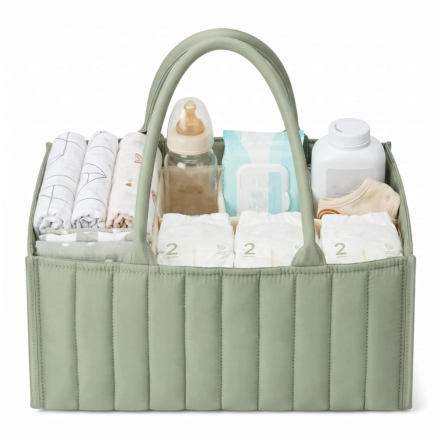 Floral Baby Diaper Caddy, Nursery Storage Bin and Car Organizer for Diapers and Baby Wipes, Stylish Storage Basket for Newborn Essentials (Green)