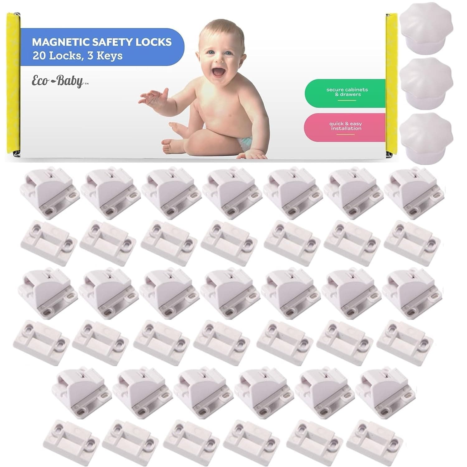 Eco-Baby Cupboard Locks for Children- Pack of 20 Magnetic, Child Safety Lock Latches with 3 Keys for Kitchen Cupboards and Drawers - Baby Safety Products - White