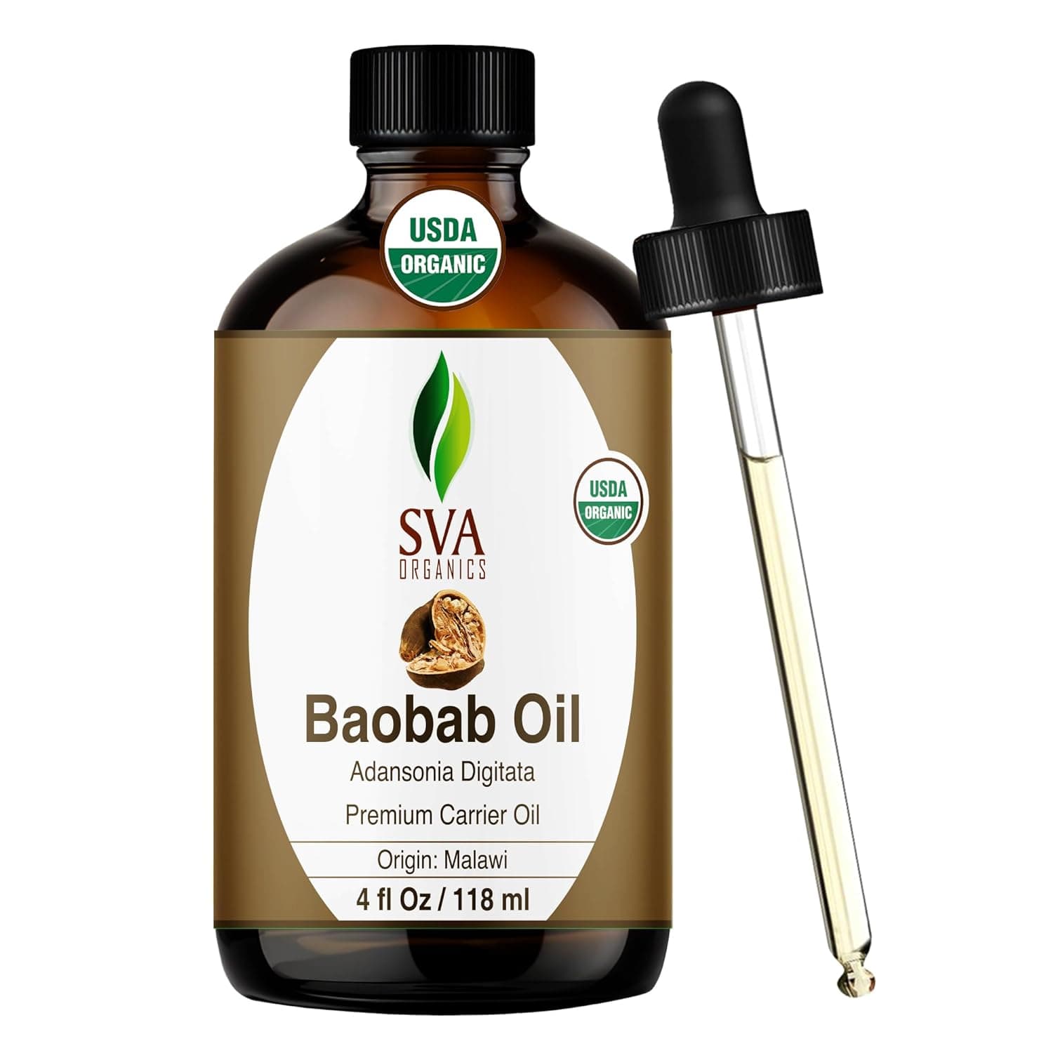 SVA Organics Baobab Oil Organic USDA 4 Oz Pure Natural Unrefined Oil for Smooth Skin, Moisturizer, Hair Care, Long Hair, Nails, Hand, Foot & Body Massage