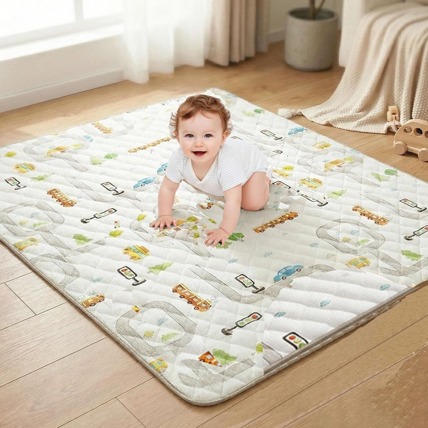Beauenty Soft Sponge Baby Play Mat, Microfiber Fabric Crawling Mat, Baby Playpen Floor Pad, Foldable, 2cm Thick High-Resilience Sponge, Multi-Use Picnic Mat for Indoor Outdoor (150 * 180cm)