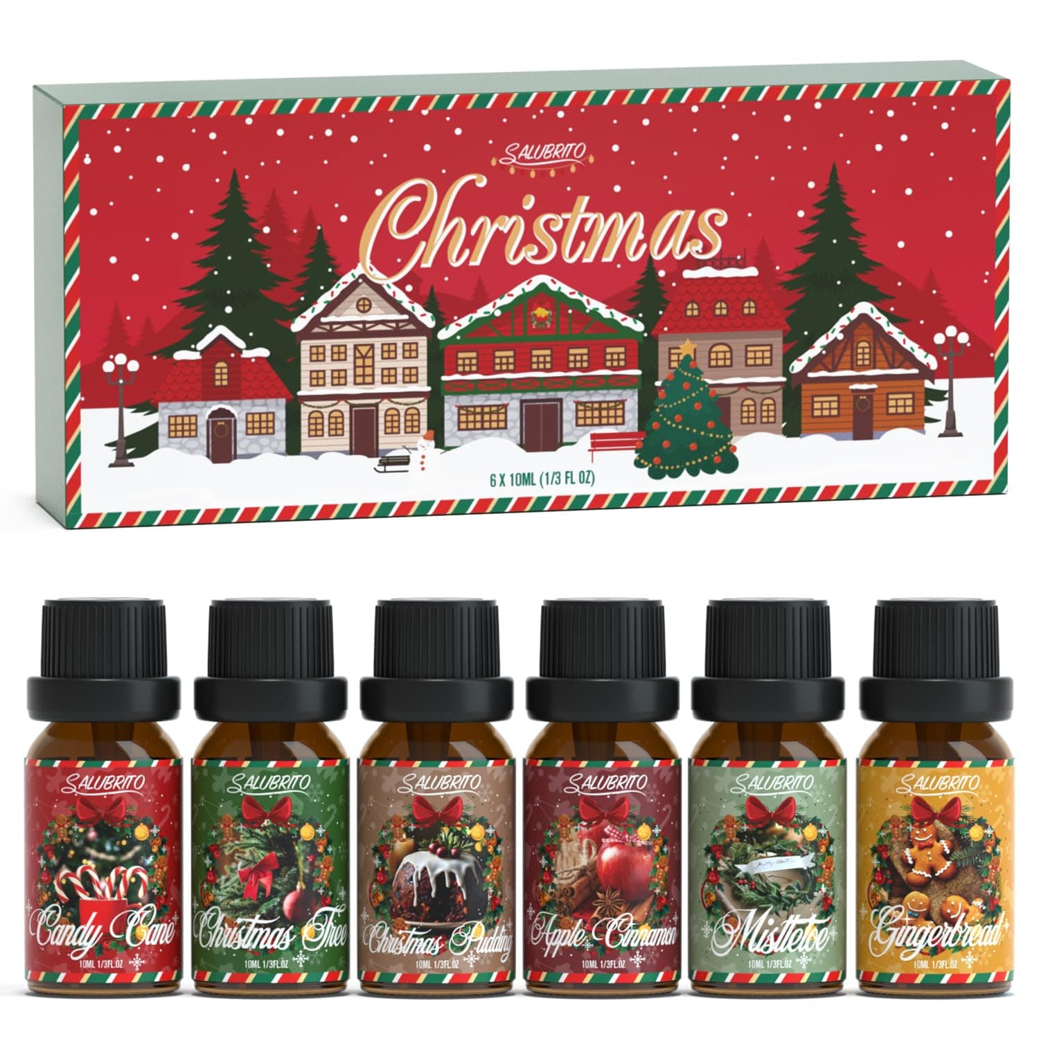 SALUBRITO Christmas Essential Oils Set, Winter Fragrance Oil for Diffuser, Candle Making, Scented Oils Gift - Candy Cane, Christmas Tree, Christmas Pudding, Apple Cinnamon, Gingerbread, Mistletoe