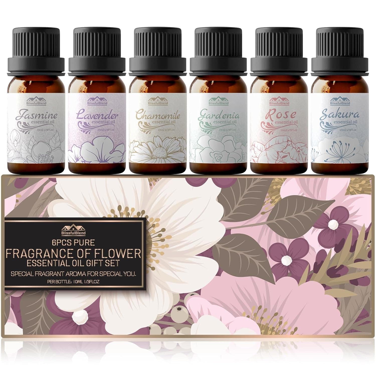 Essential Oils for Diffuser for Home and Hotel, Lavender, Jasmine, Rose, Chamomile, Sakura and Gardenia, Spring Premium Pure Flower Fragrance Essential Oil Set for Gifts-6×10ML