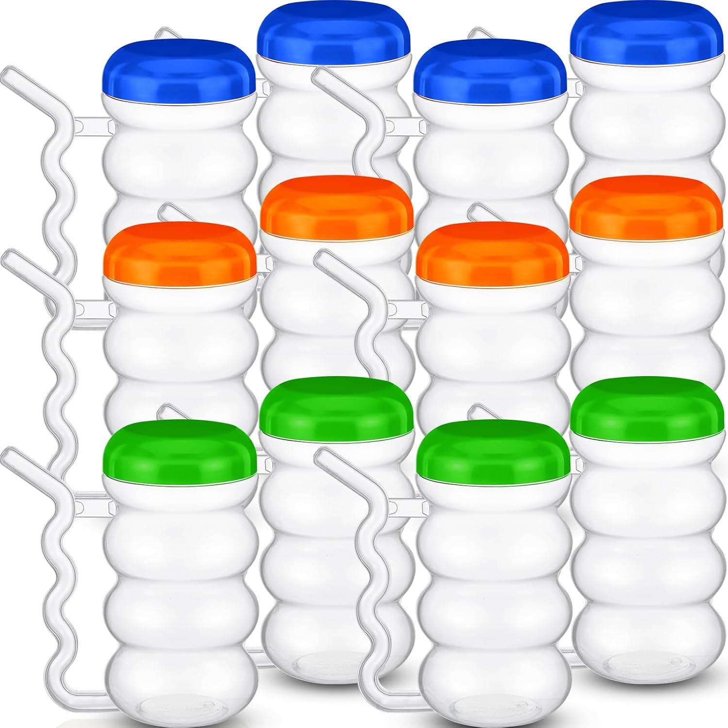 FoldTier 12 Pcs 14 oz Easy to Grip Plastic Kid's Cup Clear Sip Cups with Handle and Straw Kids Drinking Cups, 4 Colors Lids