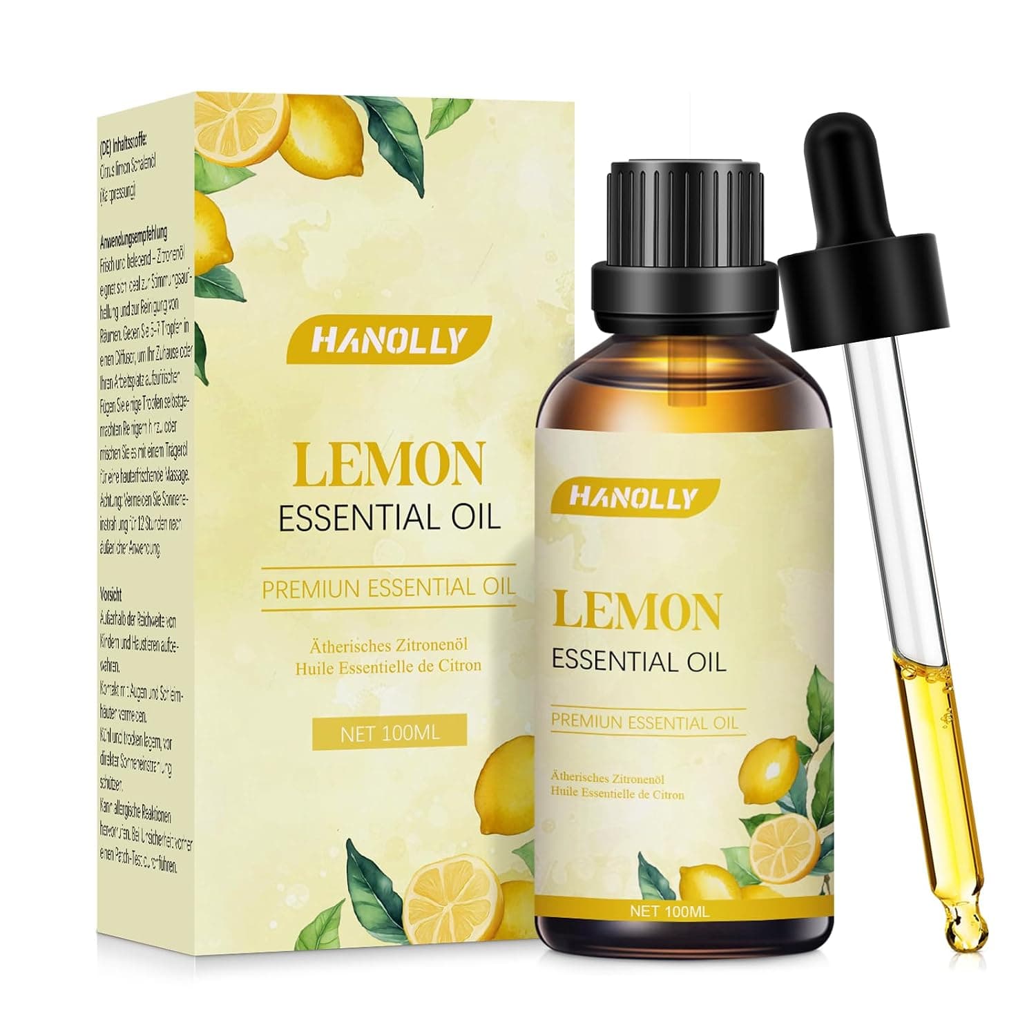 Hanolly Lemon Oil 100 ml, Cold Pressed from Real Lemon, Natural Essential Oils for Diffuser, Aromatherapy, House Cleaning, Air Purification, Skin Care, Scented Candles