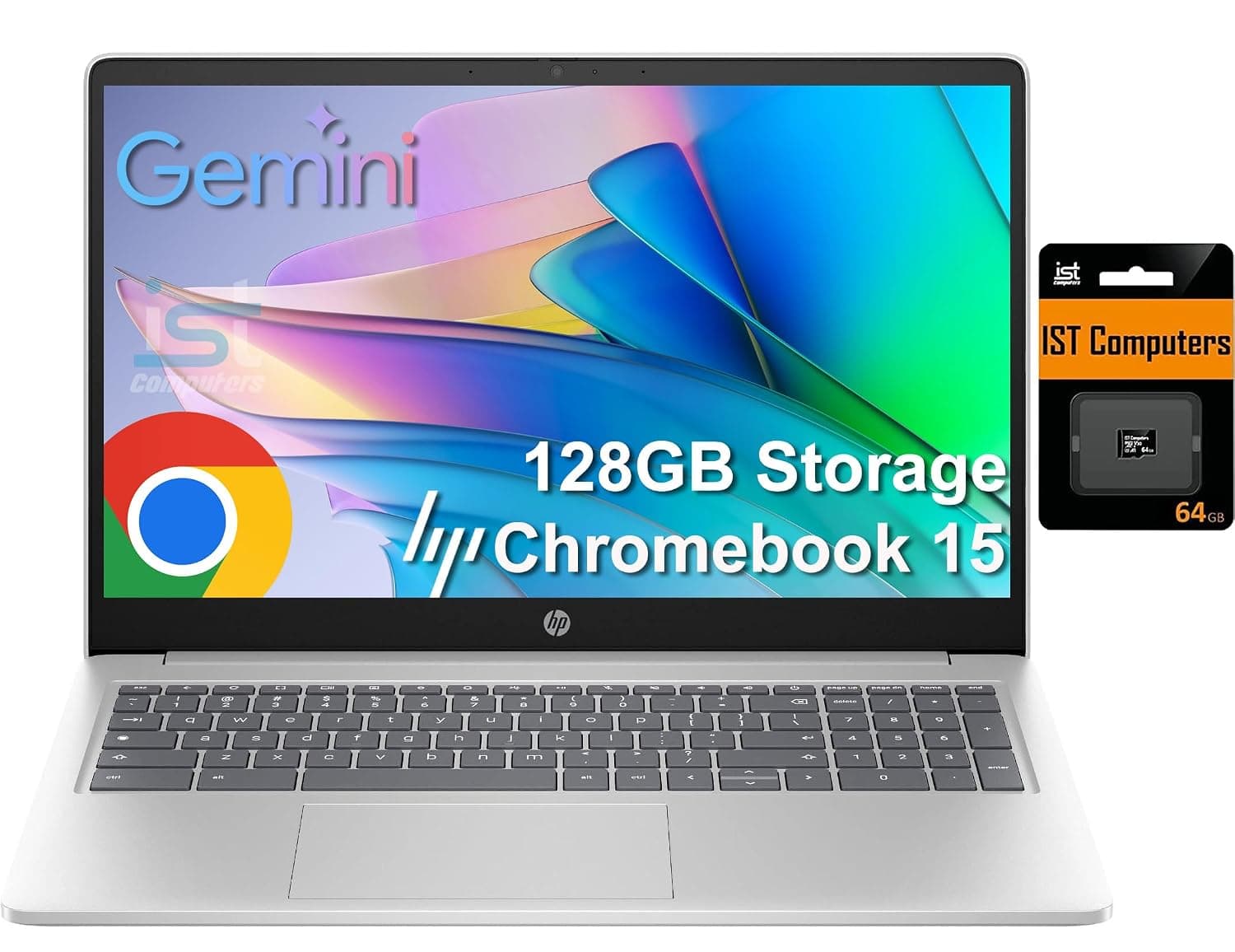 HP Chromebook Laptop 15 ( 15.6" Anti-Glare, Intel N200 (> i3-1115G4), 8GB DDR5 RAM, 128GB Storage (64GB eMMC + 64GB SD Card), Numeric KB) Home & Student, Wi-Fi, Webcam w/Shutter, Chrome OS, Silver