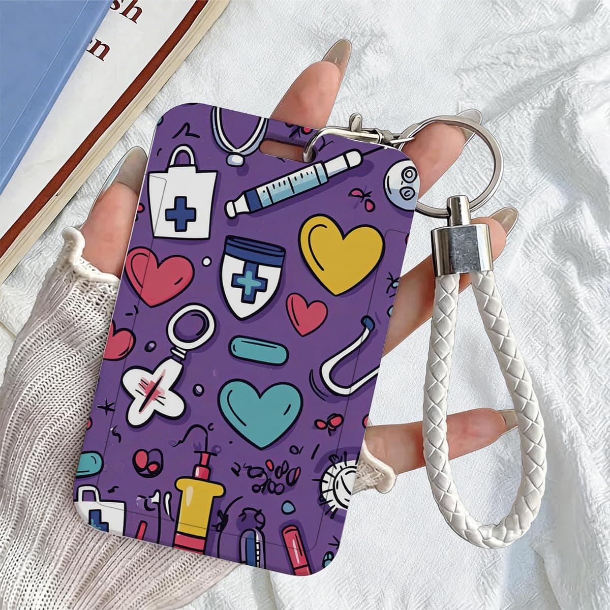 Medicine Theme ID Card Badge Holder with Wrist Lanyard, Medical Stuff Pattern Card Holder Suitable for Bus Cards Work Badges, Portable Cards Protector for Women Men Nurse Doctor 4