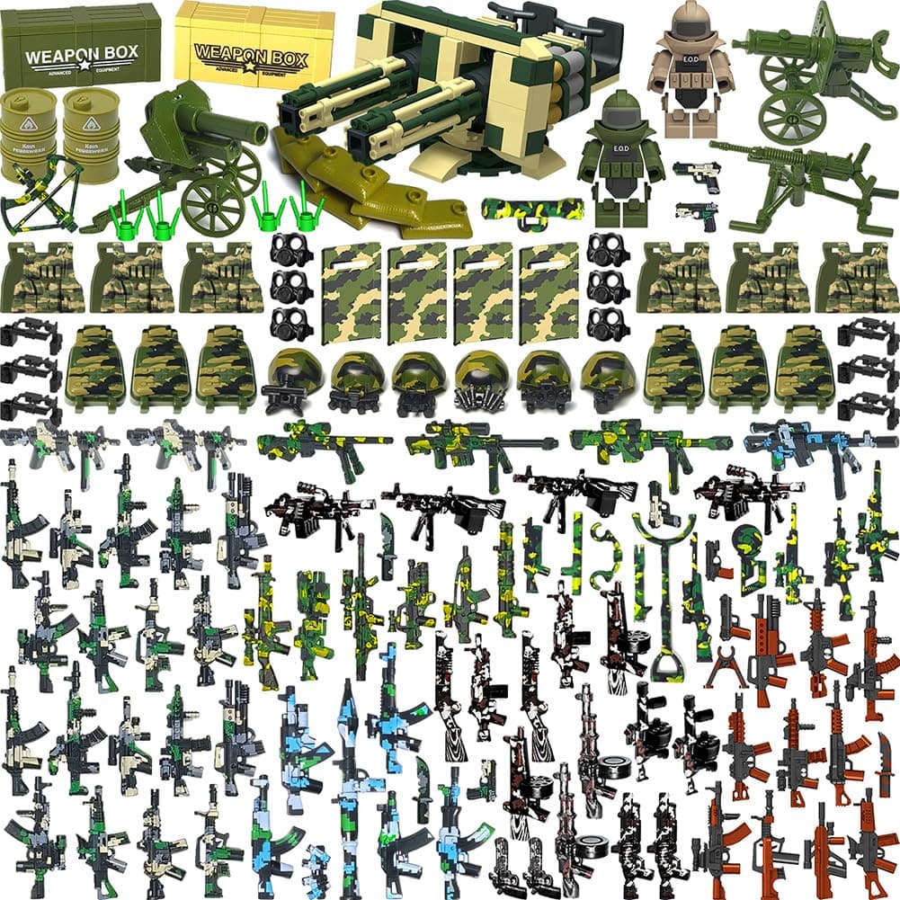 Military Weapon Set Building Blocks Toy 390+ Pieces Army Weapon Set Soldiers Equipment Accessory Set, Camouflage Helmet, Tactical Vest, Shields, Gatling, Compatible with Standard Mini