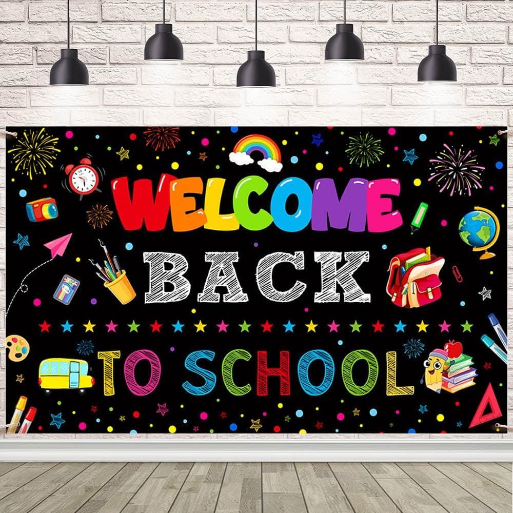 Welcome Back to School Backdrop First Day of School Banner Welcome Back Bulletin Board Banner Sign Hanging Polyester Photography Background for Classroom Home Kindergarten Decoration 70.8x43.3 inch