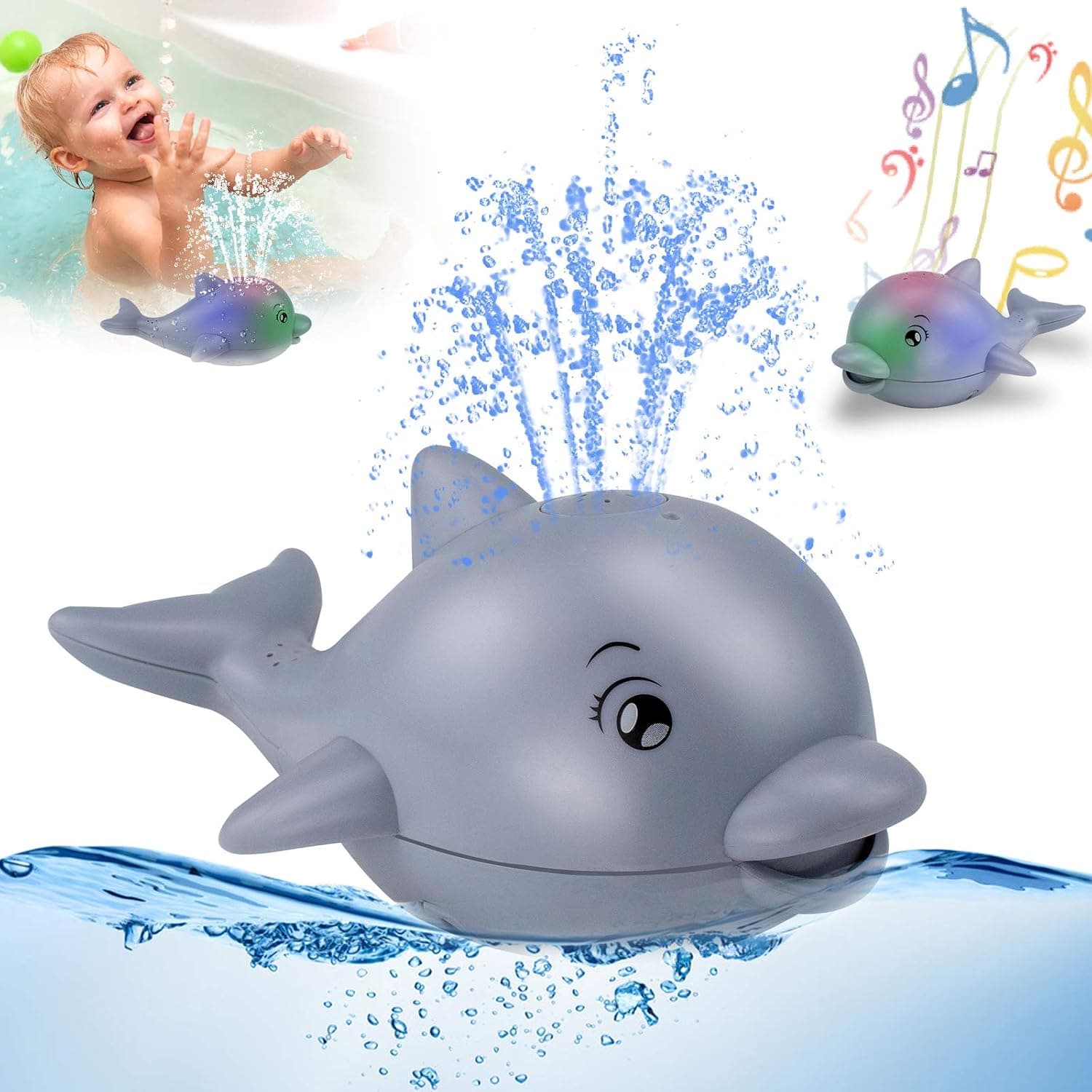 Baby Bath Toys, Dolphin Animal Bathtub Toy with Music & Light Induction Sprinkler Automatic Spray Water for Infants Toddlers Kids Boys & Girls,Pool Bathroom Shower Toy Best Gift(Gray)