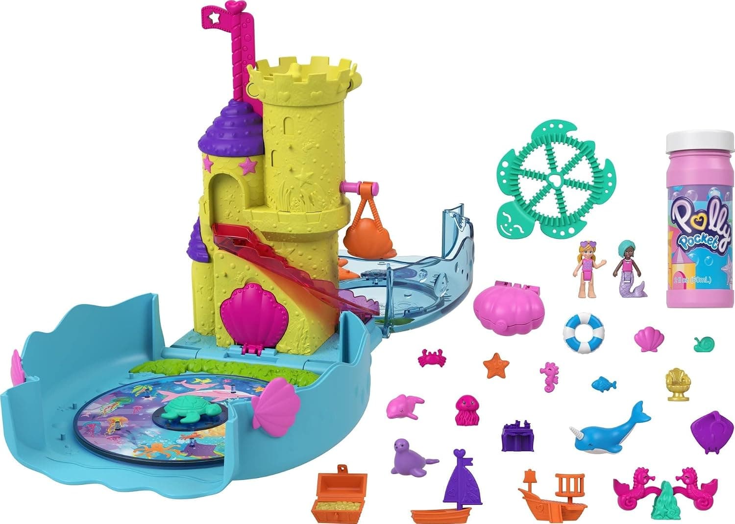 Polly Pocket Bubble Aquarium with Underwater Theme, 2 Bubble-Making Features, Pool, Micro Polly & Mermaid Doll, Bubble Solution & 18 Accessories, Pop & Swap Feature, Ages 4 Years Old & Up