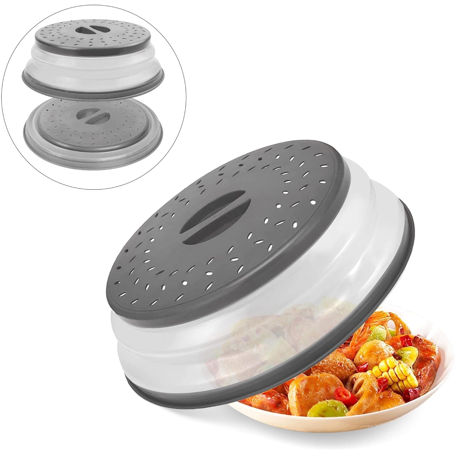 Collapsible Microwave Splatter Cover ,Microwave Cover for Food,Fruit Drainer Basket,BPA-Free Silicone & Plastic and Dishwasher Safe 10.5 inch (GREY)