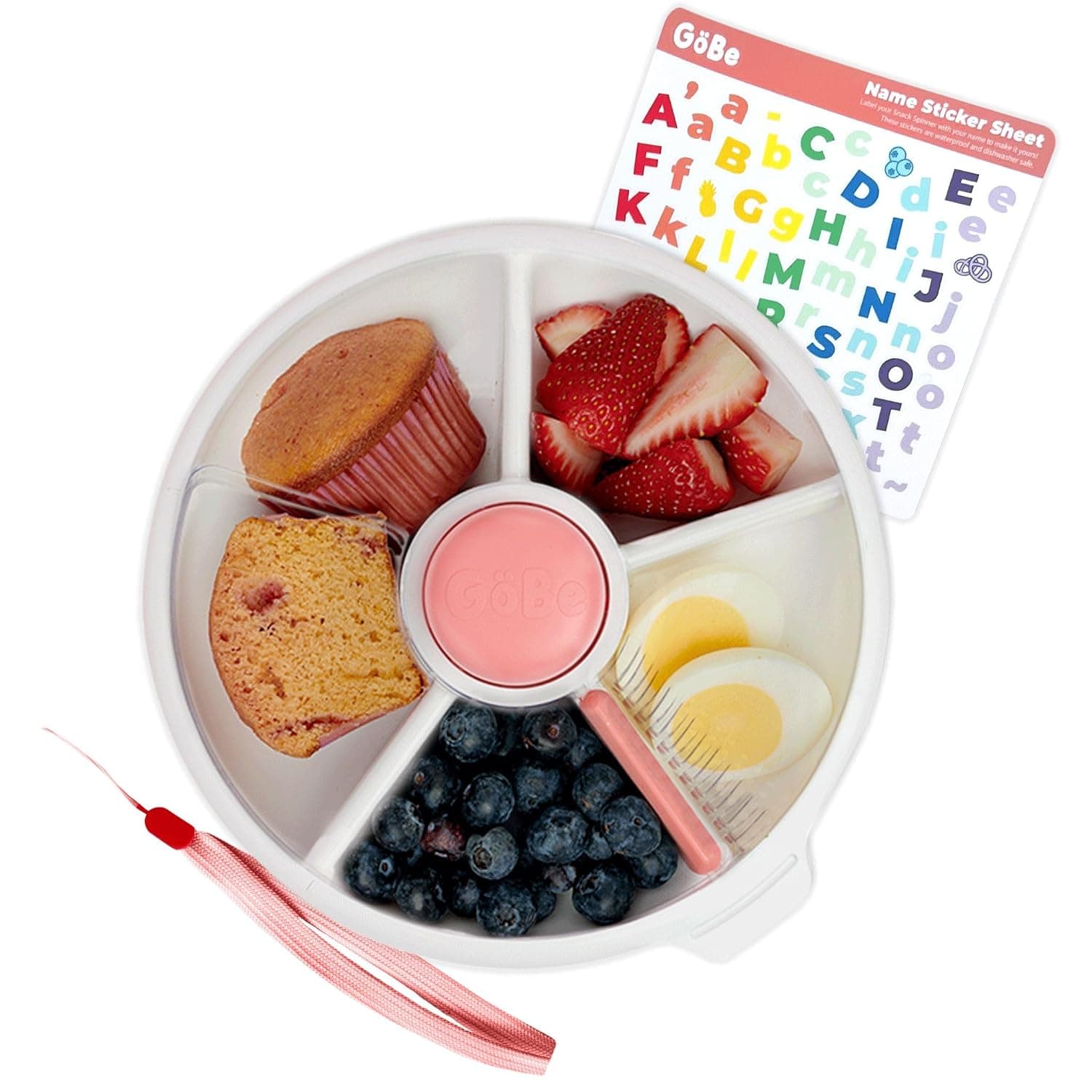 GoBe Kids Large Snack Spinner Bundle with Hand Strap and Sticker Sheet - Reusable Snack Container with 4 Compartment Dispenser & Sliding Door | BPA and PVC Free | Dishwasher Safe | No Spill, Leakproof