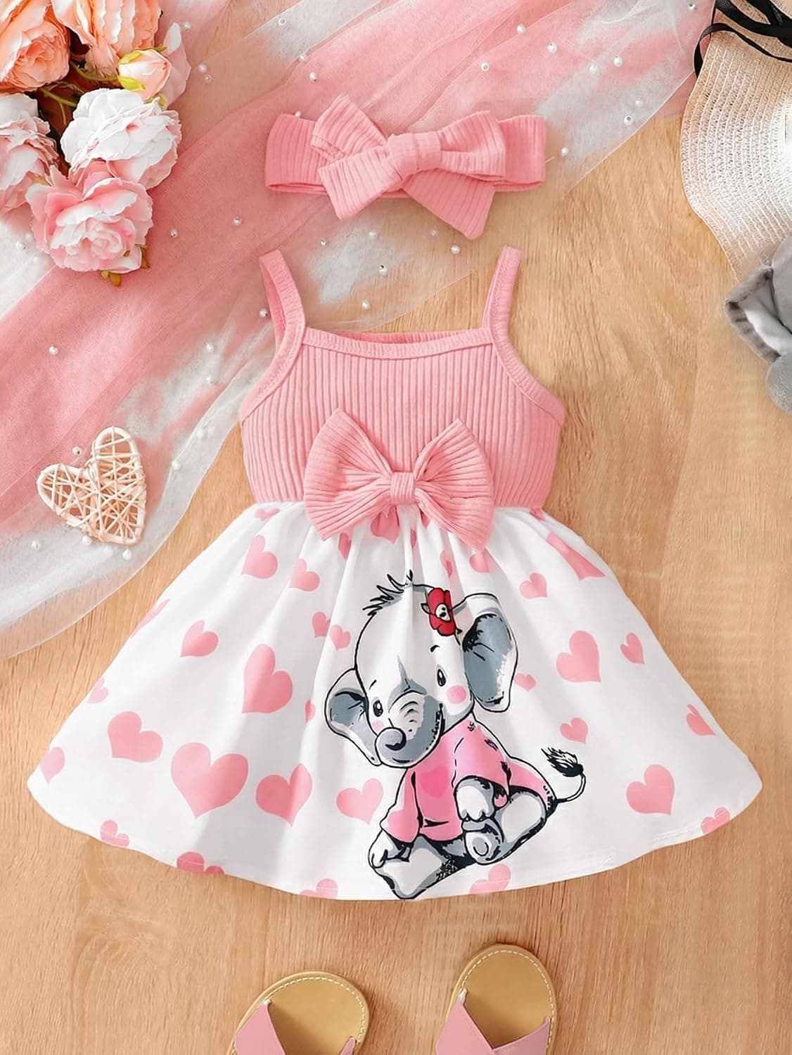 Baby Girl Clothes Elephant Print Cami Dress with Bow Headband Summer Infant Outfit 2PCS