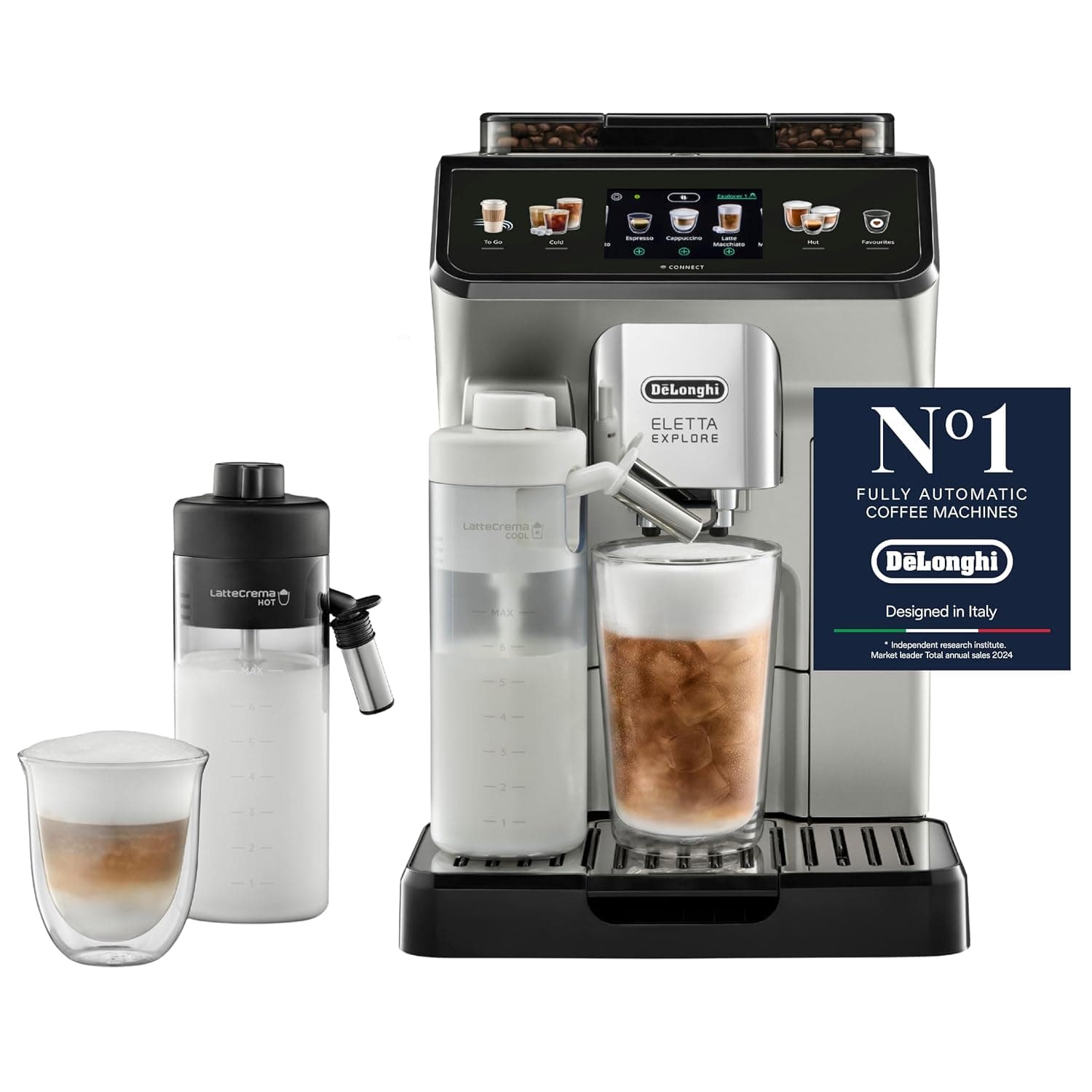 De'Longhi Eletta Explore, Fully Automatic Coffee machine, 50+ Functions, Latte Crema Hot and Cool, 1450W, 1.8L, 19 Bar, App Connectivity, ECAM450.65.S, Metal Black