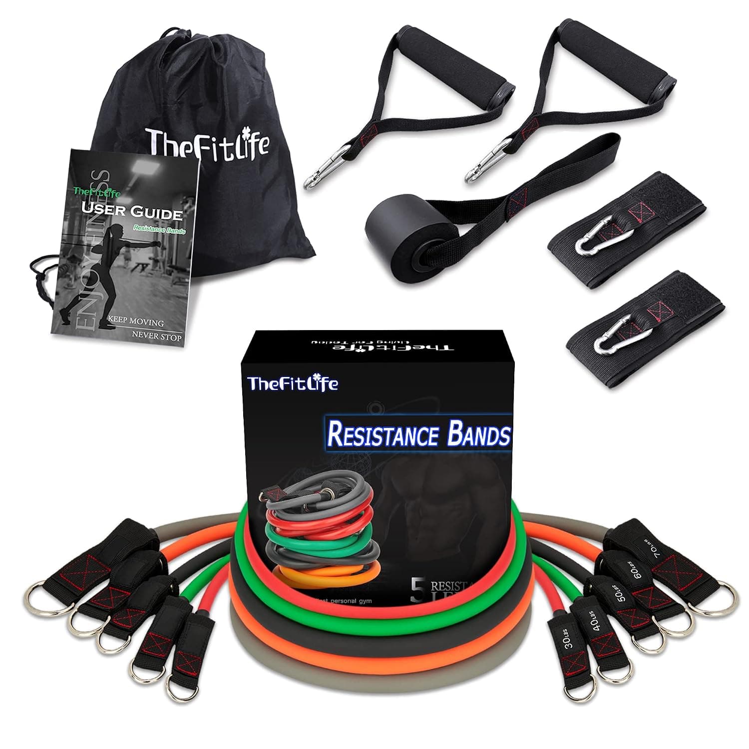 TheFitLife Exercise and Resistance Bands Set - 5 Fitness stackable up to 110/150/200/250/300 lbs Workout Tubes for Indoor and Outdoor Sports, Fitness, Suspension, Speed Strength, Home Gym, Yoga