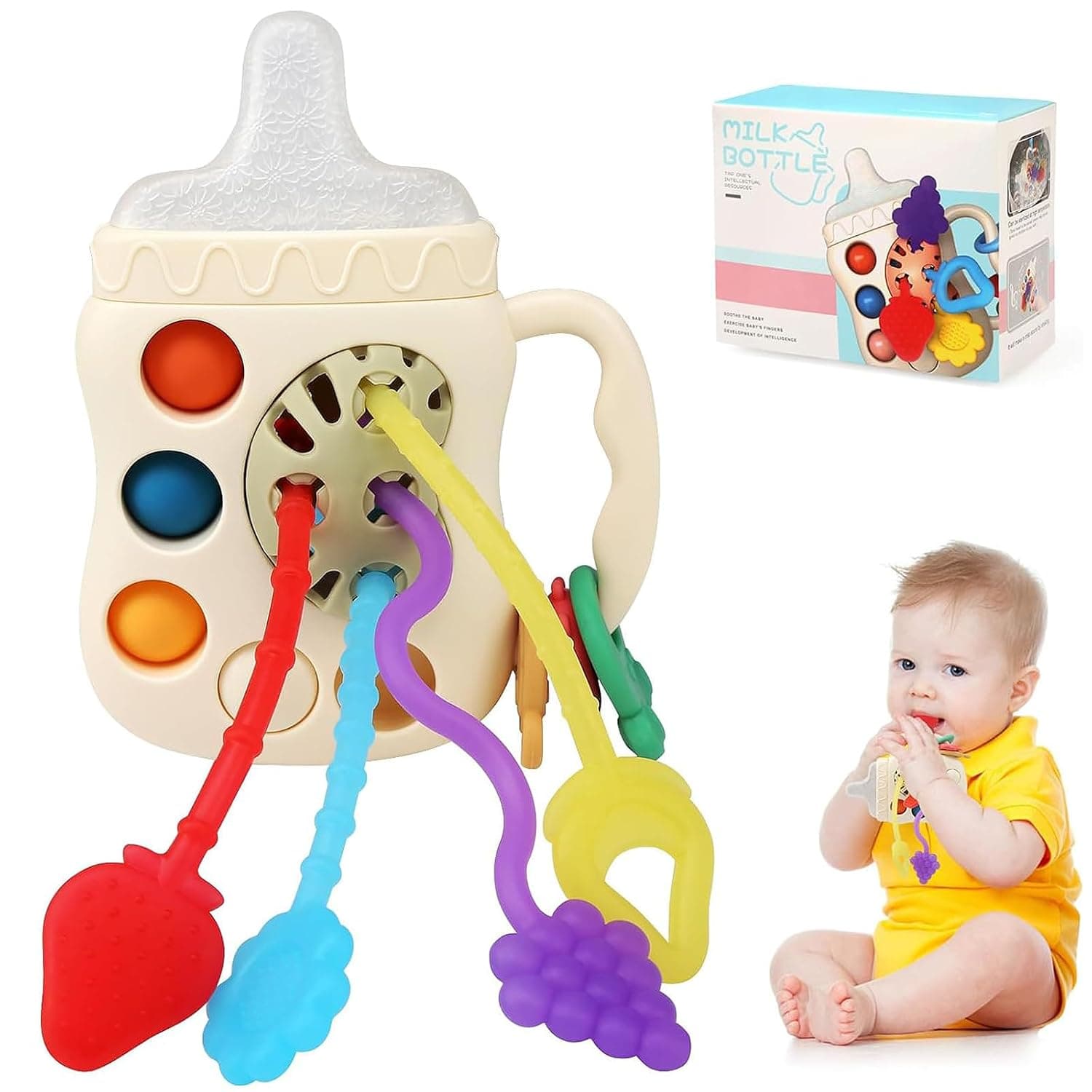 DHB Tech Baby Montessori Sensory Activity Toy, Food Grade Silicone Pull String Feeding Bottle, Baby Travel Toys for 1-3 Years Old