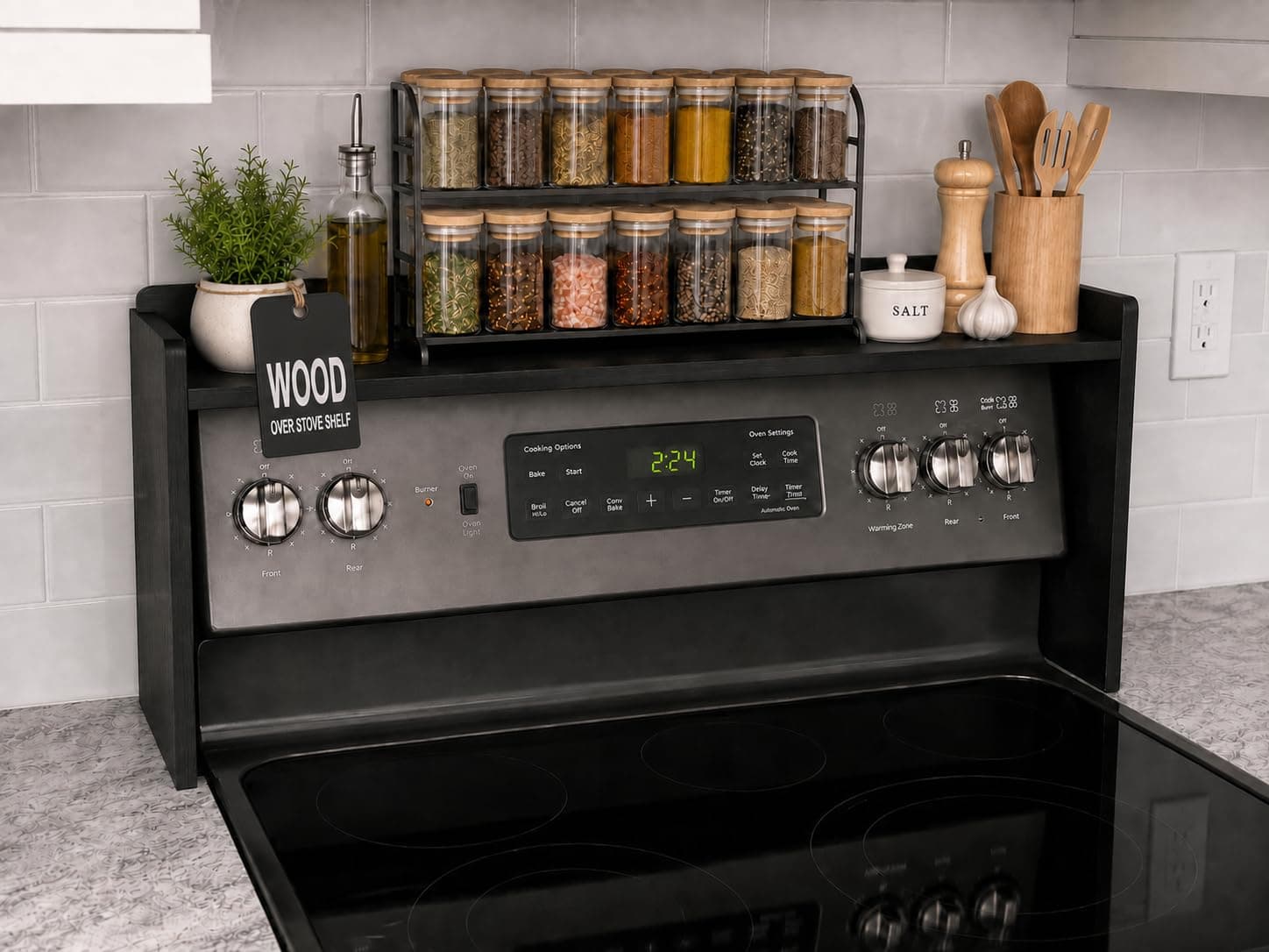 Over the Stove Shelf Spice Rack, Wood Above Shelf, Ebony, 4.5 Inch Wide | Top Shelf Organizer for Back of Stove, Over Oven, Countertop, Extra Kitchen Storage, Compatible with Electric or Gas Stove