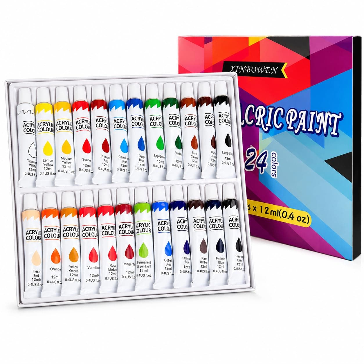 SKY-TOUCH Acrylic Paint Set : 24 Colors 12ml Non-Toxic Art Craft Paints Kids Adults Painting Drawing DIY Art Supplies for Canvas Fabric Ceramic Glass Stone Model Wood Painting