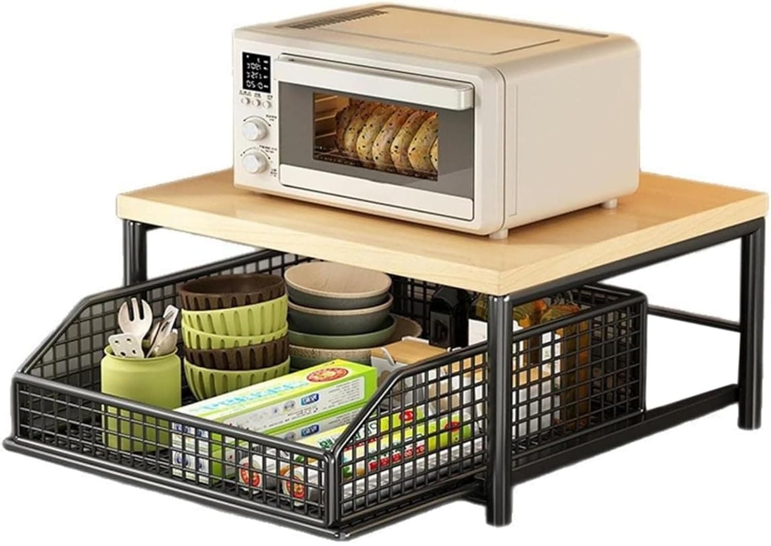 CCJJ-KSA Kitchen Microwave Table,2-Tier Small Microwave Stand with Storage Basket and Wheels, Space-Saving Microwave Cart Rolling Shelf for Living Room Bedroom,Microwave Table Stand(Small, Blackst)