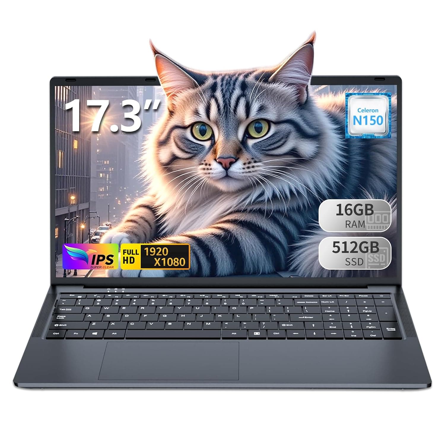 2025 17.3 Inch Laptop, 16GB DDR4 512GB SSD Gaming Laptop, Celeron N150 (4C/4T, Up to 3.6GHz) Laptop Computer, WiFi 5 BT 4.2, Backlit Keyboard, 6Hr Battery, USB 3.0, HDMI, Win 11 Pro Business Laptop